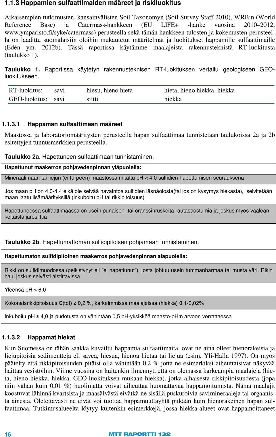 fi/syke/catermass) perusteella sekä tämän hankkeen tulosten ja kokemusten perusteella on laadittu suomalaisiin oloihin mukautetut määritelmät ja luokitukset happamille sulfaattimaille (Edén ym.