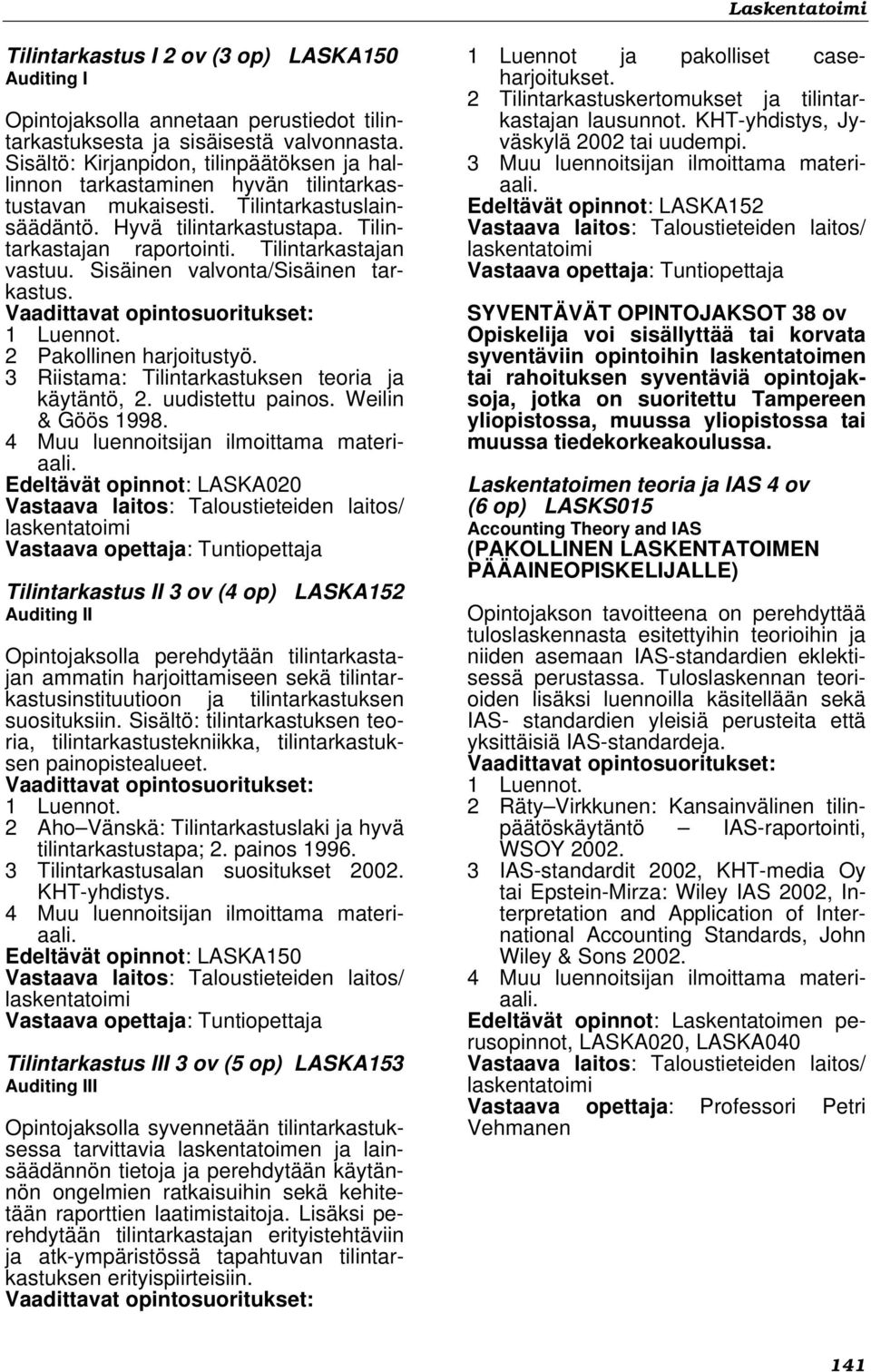 Tilintarkastajan vastuu. Sisäinen valvonta/sisäinen tarkastus. 1 Luennot. 2 Pakollinen harjoitustyö. 3 Riistama: Tilintarkastuksen teoria ja käytäntö, 2. uudistettu painos. Weilin & Göös 1998.