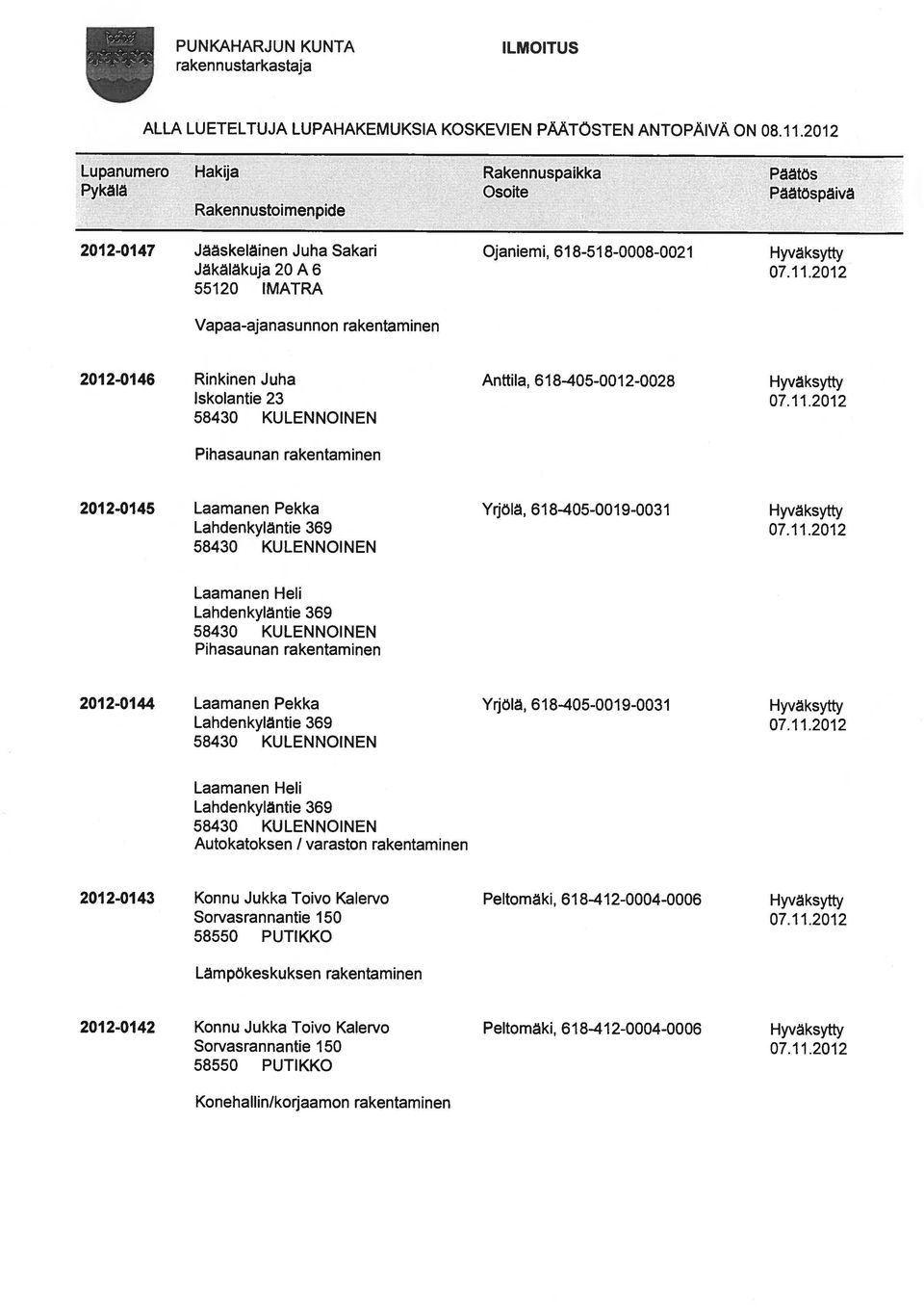 Anttila, 618-405-0012-0028 2012-0145 Laamanen Pekka Lahdenkyläntie 369 Yrjölä, 618-405-0019-0031 Laamanen Heli Lahdenkyläntie 369 Pihasaunan rakentaminen 2012-0144 Laamanen Pekka Lahdenkylantie 369