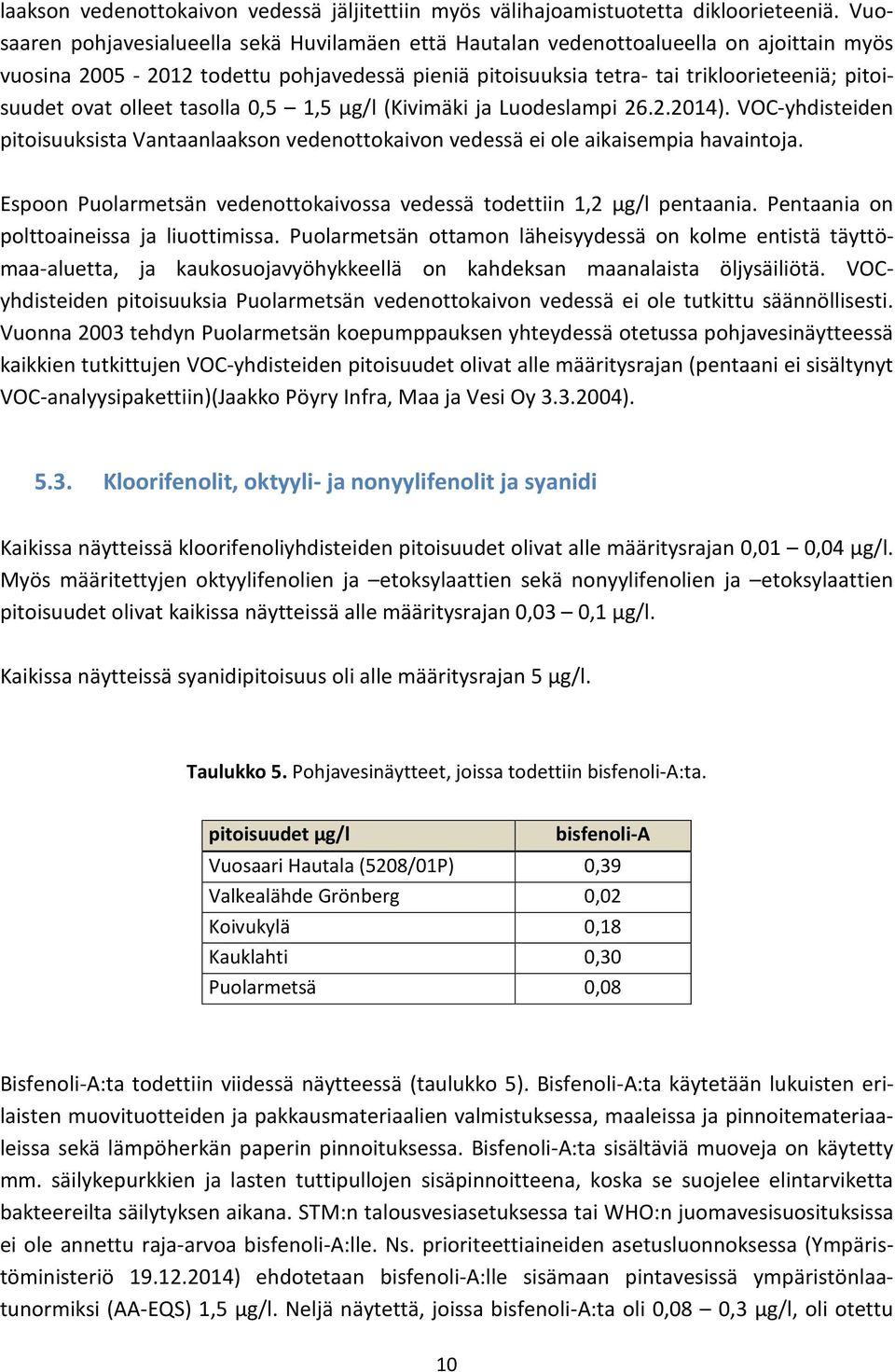 olleet tasolla 0,5 1,5 µg/l (Kivimäki ja Luodeslampi 26.2.2014). VOC-yhdisteiden pitoisuuksista Vantaanlaakson vedenottokaivon vedessä ei ole aikaisempia havaintoja.