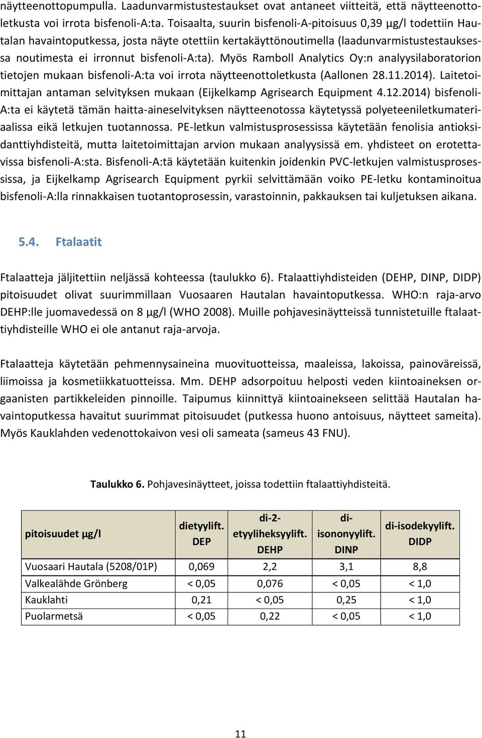 Myös Ramboll Analytics Oy:n analyysilaboratorion tietojen mukaan bisfenoli-a:ta voi irrota näytteenottoletkusta (Aallonen 28.11.2014).