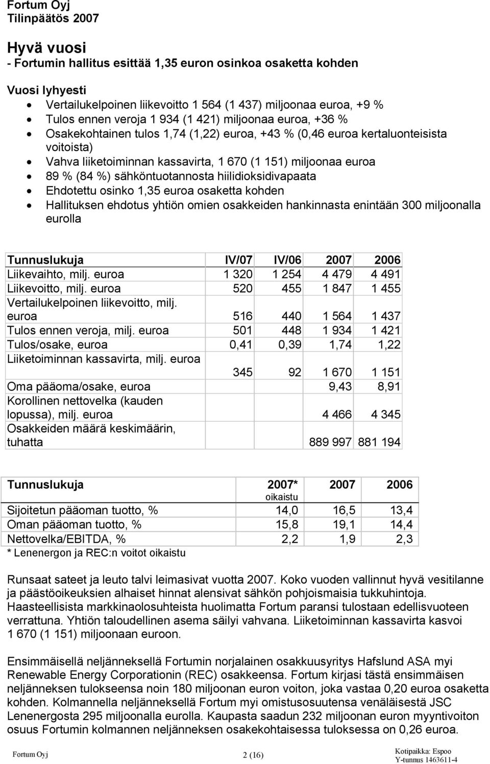 (84 %) sähköntuotannosta hiilidioksidivapaata Ehdotettu osinko 1,35 euroa osaketta kohden Hallituksen ehdotus yhtiön omien osakkeiden hankinnasta enintään 300 miljoonalla eurolla Tunnuslukuja IV/07