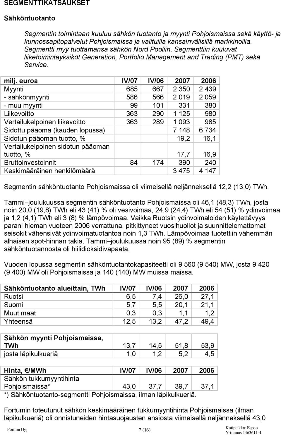 euroa IV/07 IV/06 2007 2006 Myynti 685 667 2 350 2 439 - sähkönmyynti 586 566 2 019 2 059 - muu myynti 99 101 331 380 Liikevoitto 363 290 1 125 980 Vertailukelpoinen liikevoitto 363 289 1 093 985