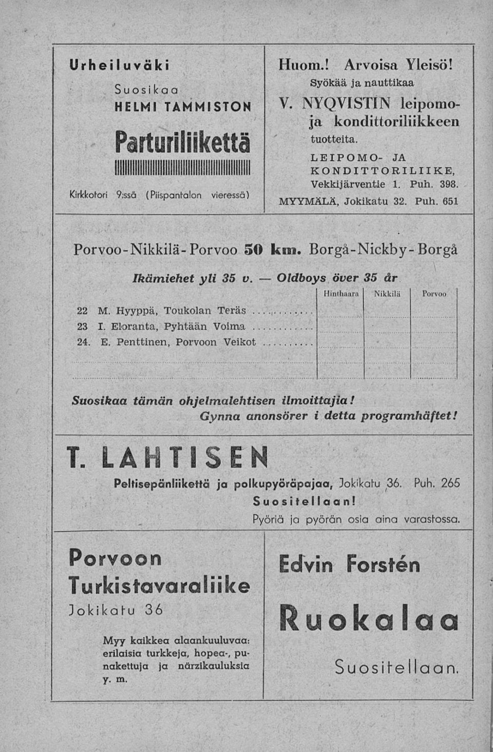 Borgå-Nickby- Borgå Ikämiehet yli 35 v. Oldboys över 35 år Hinthaara Nikkilä Porvoo 22 M. Hyyppä, Toukolan Teräs. 23 I. Eloranta, Pyhtään Voima. 24. E. Penttinen, Porvoon Veikot Suosikaa tämän ohjelmalehtisen ilmoittajia!