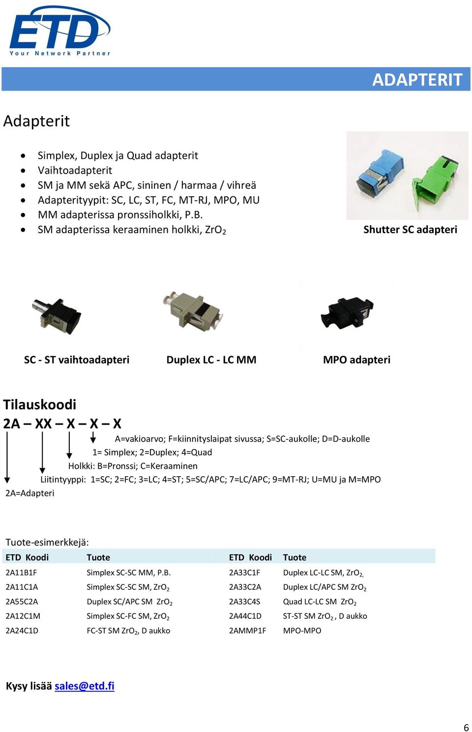 D=D-aukolle 1= Simplex; 2=Duplex; 4=Quad Holkki: B=Pronssi; C=Keraaminen Liitintyyppi: 1=SC; 2=FC; 3=LC; 4=ST; 5=SC/APC; 7=LC/APC; 9=MT-RJ; U=MU ja M=MPO 2A=Adapteri Tuote-esimerkkejä: ETD Koodi