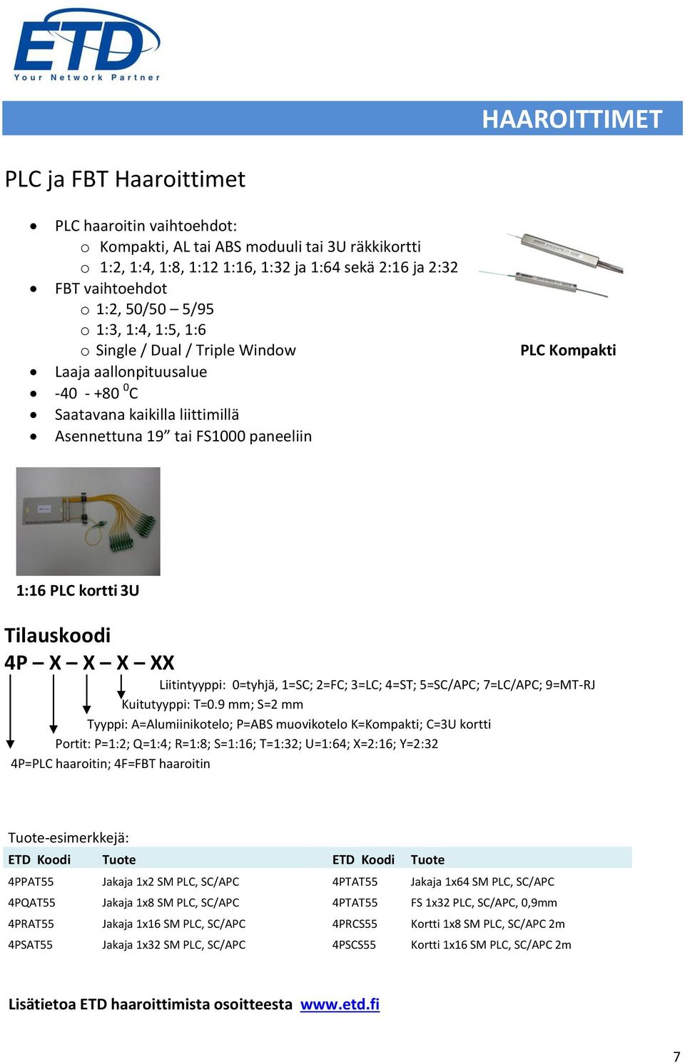 Tilauskoodi 4P X X X XX Liitintyyppi: 0=tyhjä, 1=SC; 2=FC; 3=LC; 4=ST; 5=SC/APC; 7=LC/APC; 9=MT-RJ Kuitutyyppi: T=0.