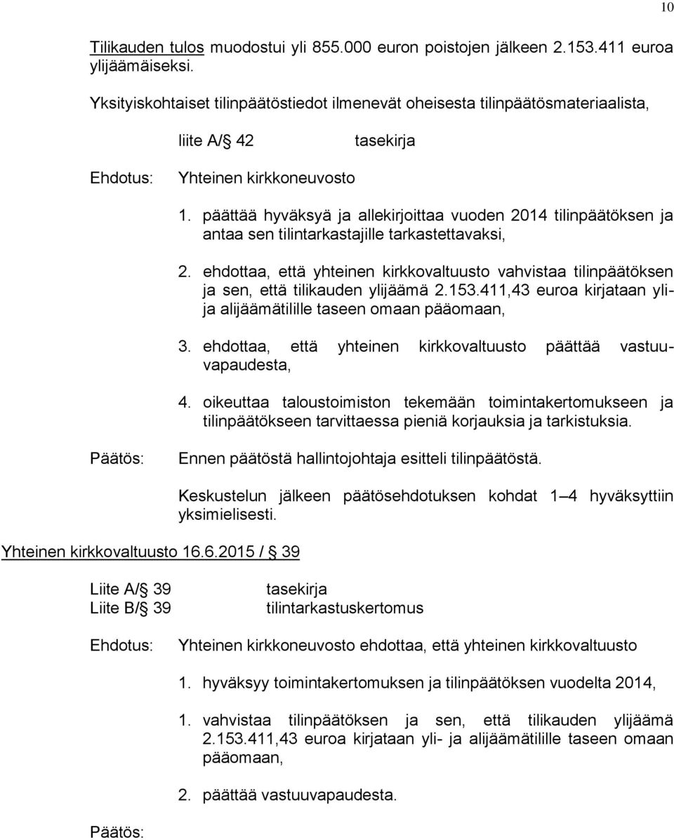 päättää hyväksyä ja allekirjoittaa vuoden 2014 tilinpäätöksen ja antaa sen tilintarkastajille tarkastettavaksi, 2.