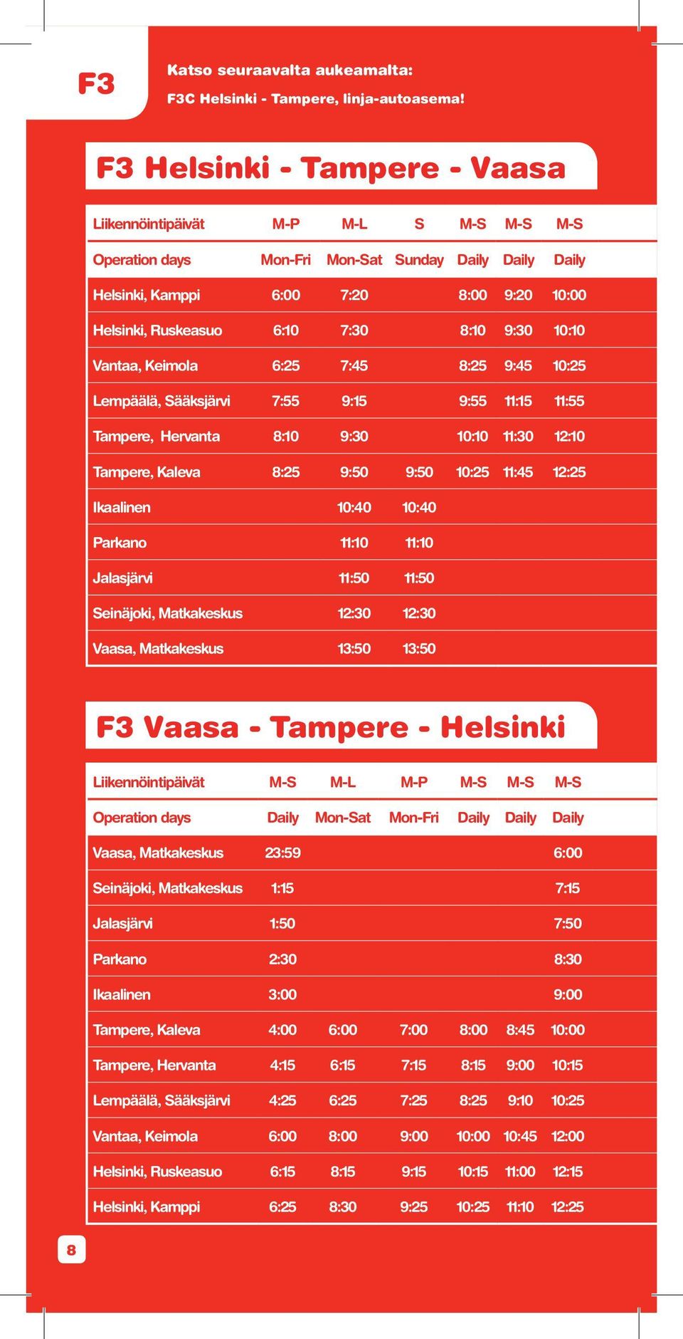 6:10 7:30 8:10 9:30 10:10 11: Vantaa, Keimola 6:25 7:45 8:25 9:45 10:25 11: Lempäälä, Sääksjärvi 7:55 9:15 9:55 11:15 11:55 13 Tampere, Hervanta 8:10 9:30 10:10 11:30 12:10 13: Tampere, Kaleva 8:25