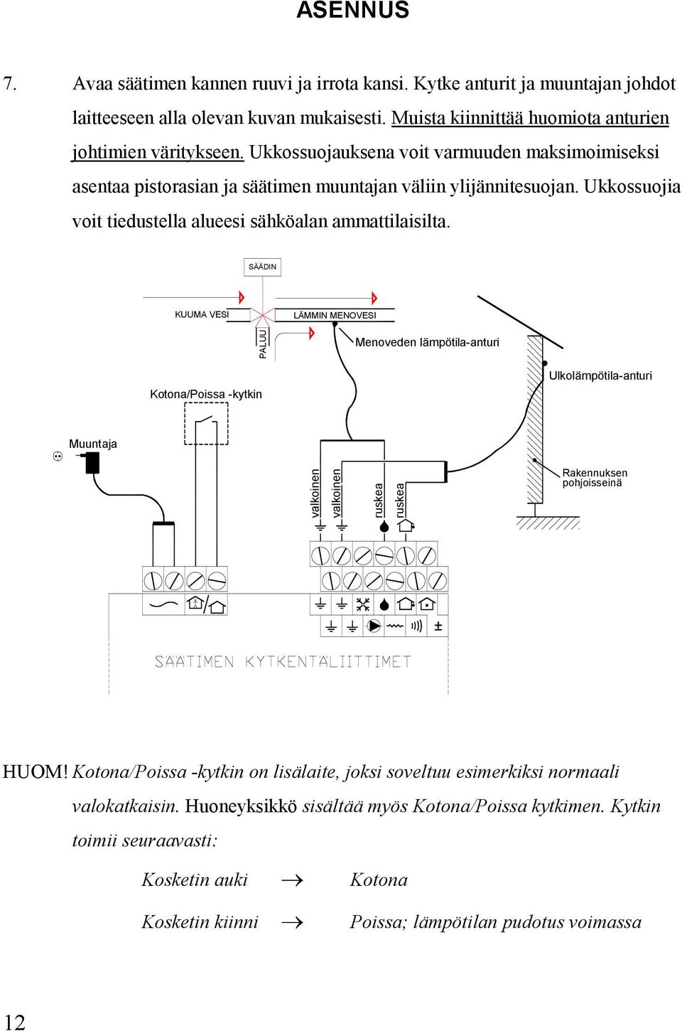 SÄÄDIN KUUMA VESI LÄMMIN MENOVESI PALUU Menoveden lämpötila-anturi Kotona/Poissa -kytkin Ulkolämpötila-anturi Muuntaja valkoinen valkoinen ruskea ruskea Rakennuksen pohjoisseinä ± HUOM!