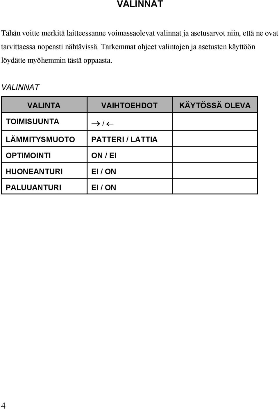 Tarkemmat ohjeet valintojen ja asetusten käyttöön löydätte myöhemmin tästä oppaasta.