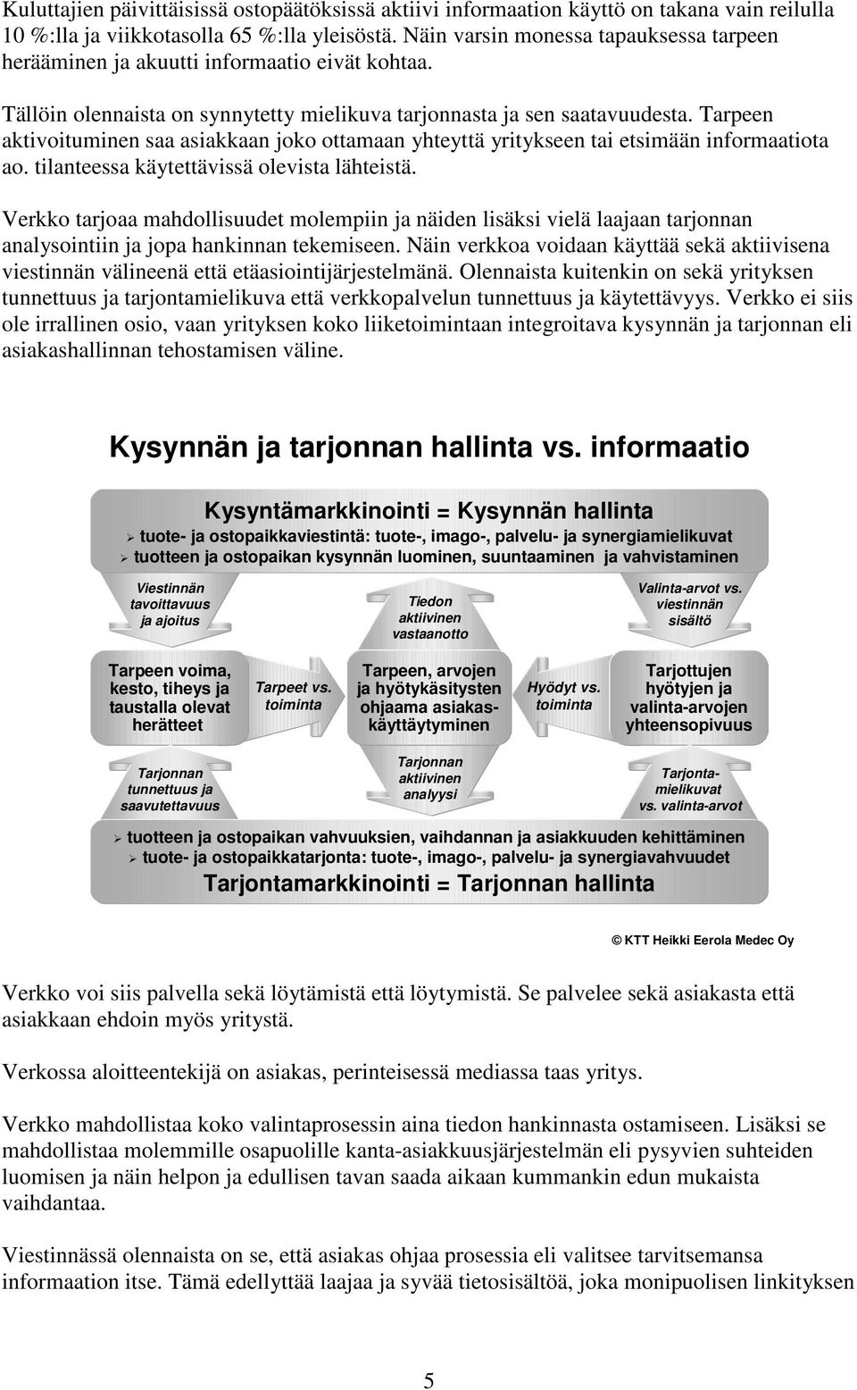 Tarpeen aktivoituminen saa asiakkaan joko ottamaan yhteyttä yritykseen tai etsimään informaatiota ao. tilanteessa käytettävissä olevista lähteistä.
