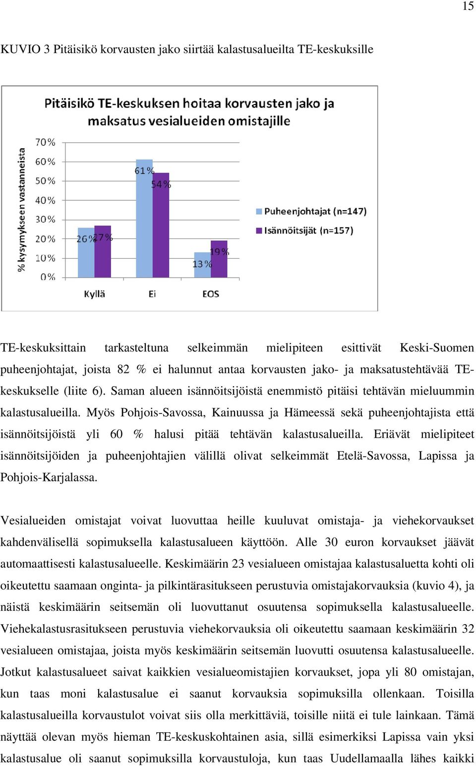 Myös Pohjois-Savossa, Kainuussa ja Hämeessä sekä puheenjohtajista että isännöitsijöistä yli 60 % halusi pitää tehtävän kalastusalueilla.