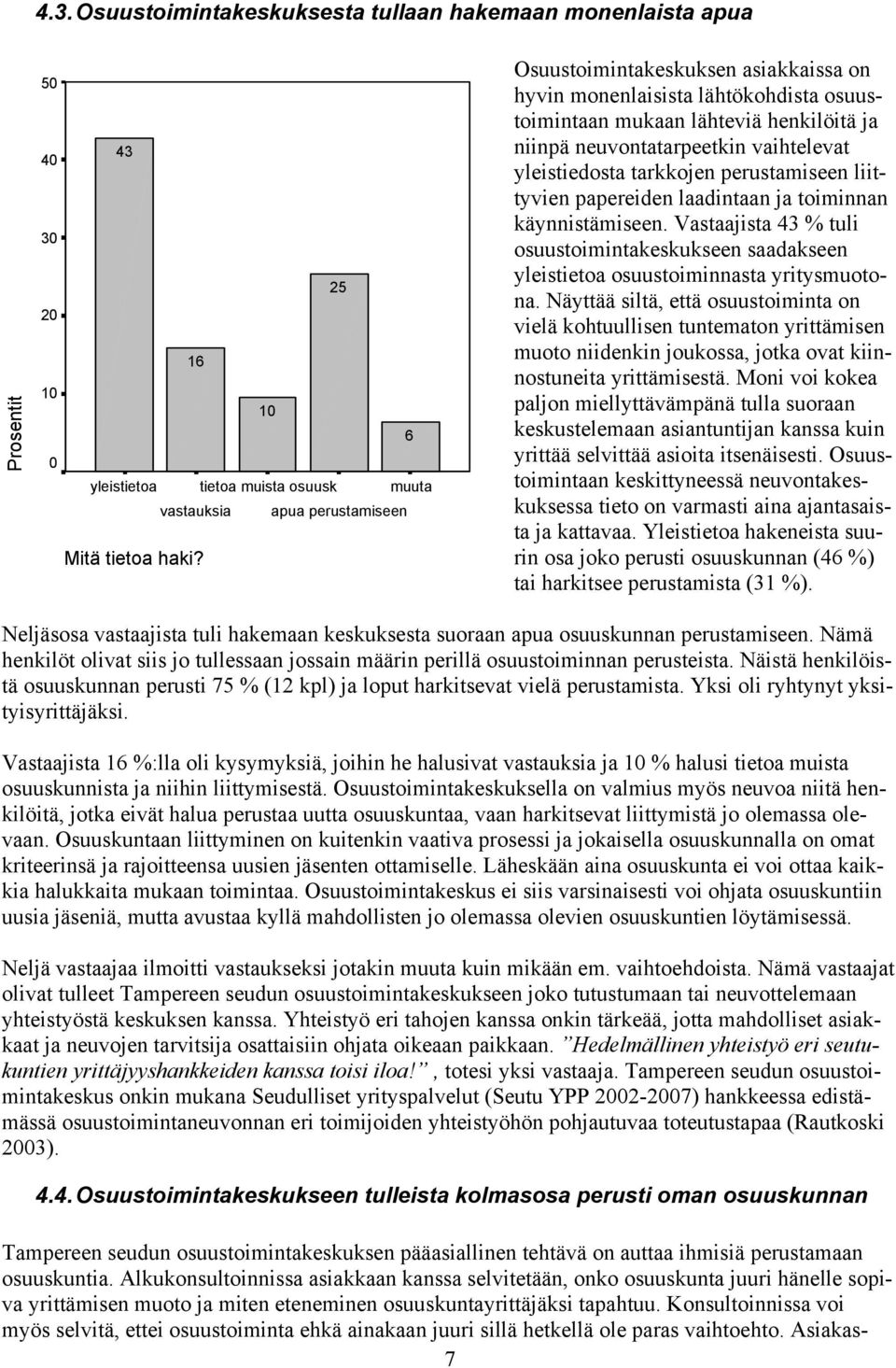 liittyvien papereiden laadintaan ja toiminnan käynnistämiseen. Vastaajista 43 % tuli osuustoimintakeskukseen saadakseen yleistietoa osuustoiminnasta yritysmuotona.