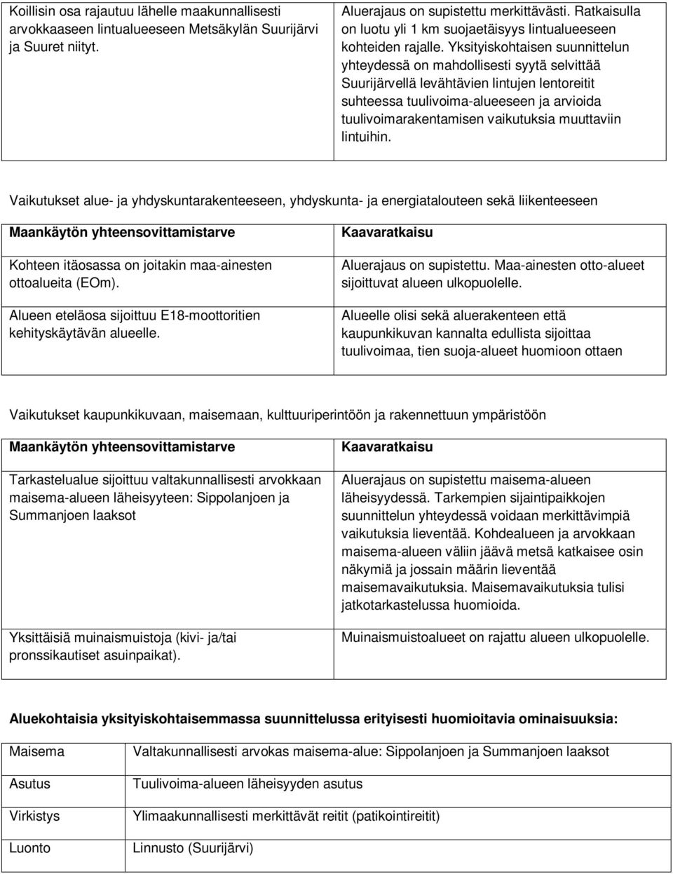 Yksityiskohtaisen suunnittelun yhteydessä on mahdollisesti syytä selvittää Suurijärvellä levähtävien lintujen lentoreitit suhteessa tuulivoima-alueeseen ja arvioida tuulivoimarakentamisen vaikutuksia