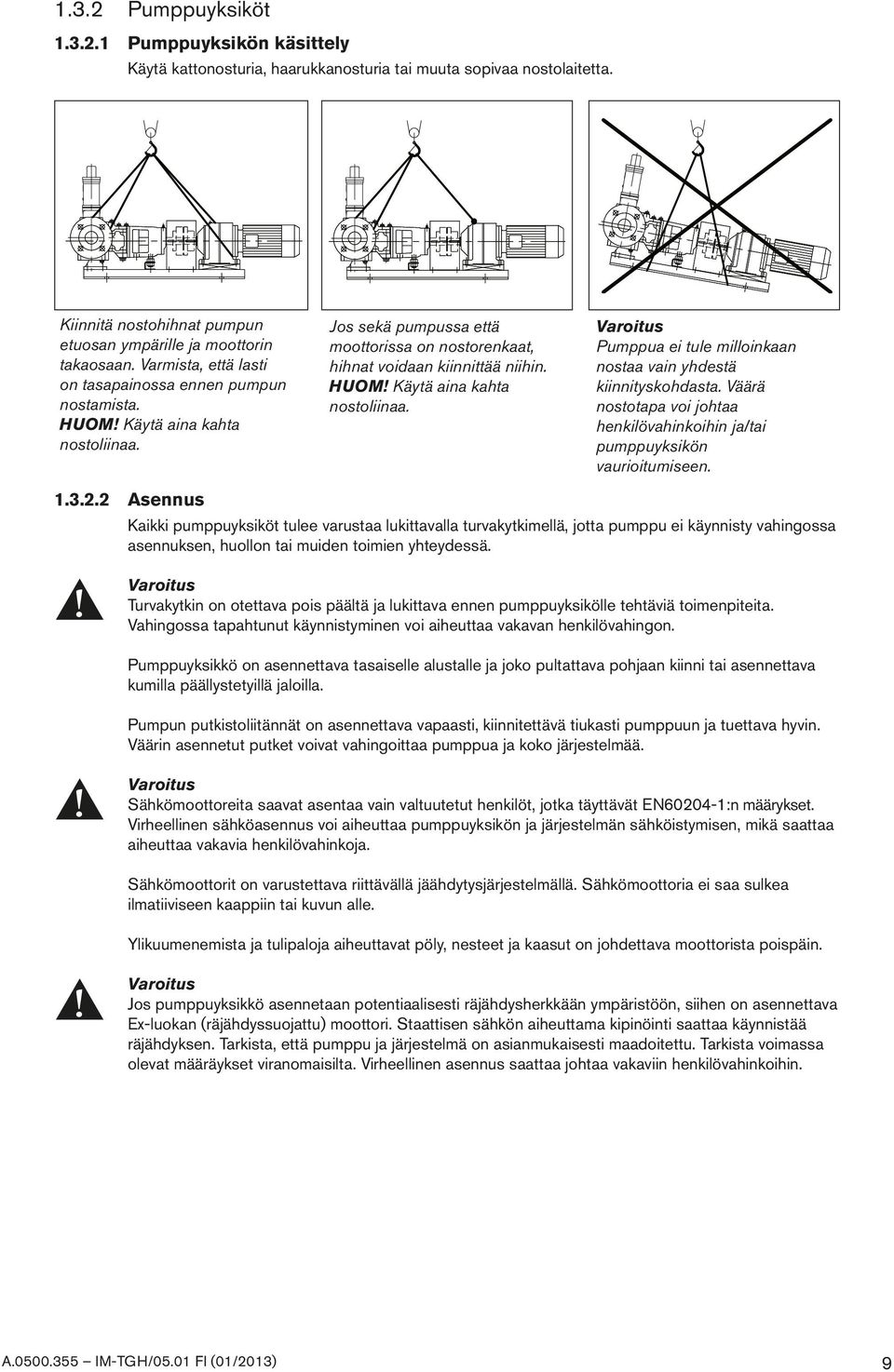 Väärä nostotapa voi johtaa henkilövahinkoihin ja/tai pumppuyksikön vaurioitumiseen. 1.3.2.