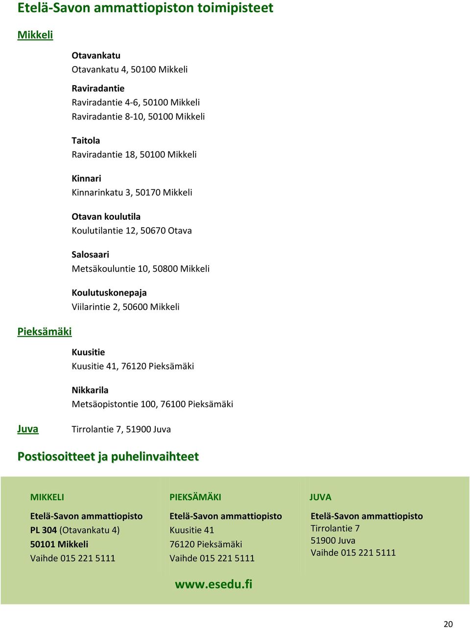 Kuusitie Kuusitie 41, 76120 Pieksämäki Nikkarila Metsäopistontie 100, 76100 Pieksämäki Juva Tirrolantie 7, 51900 Juva Postiosoitteet ja puhelinvaihteet MIKKELI Etelä-Savon ammattiopisto PL 304