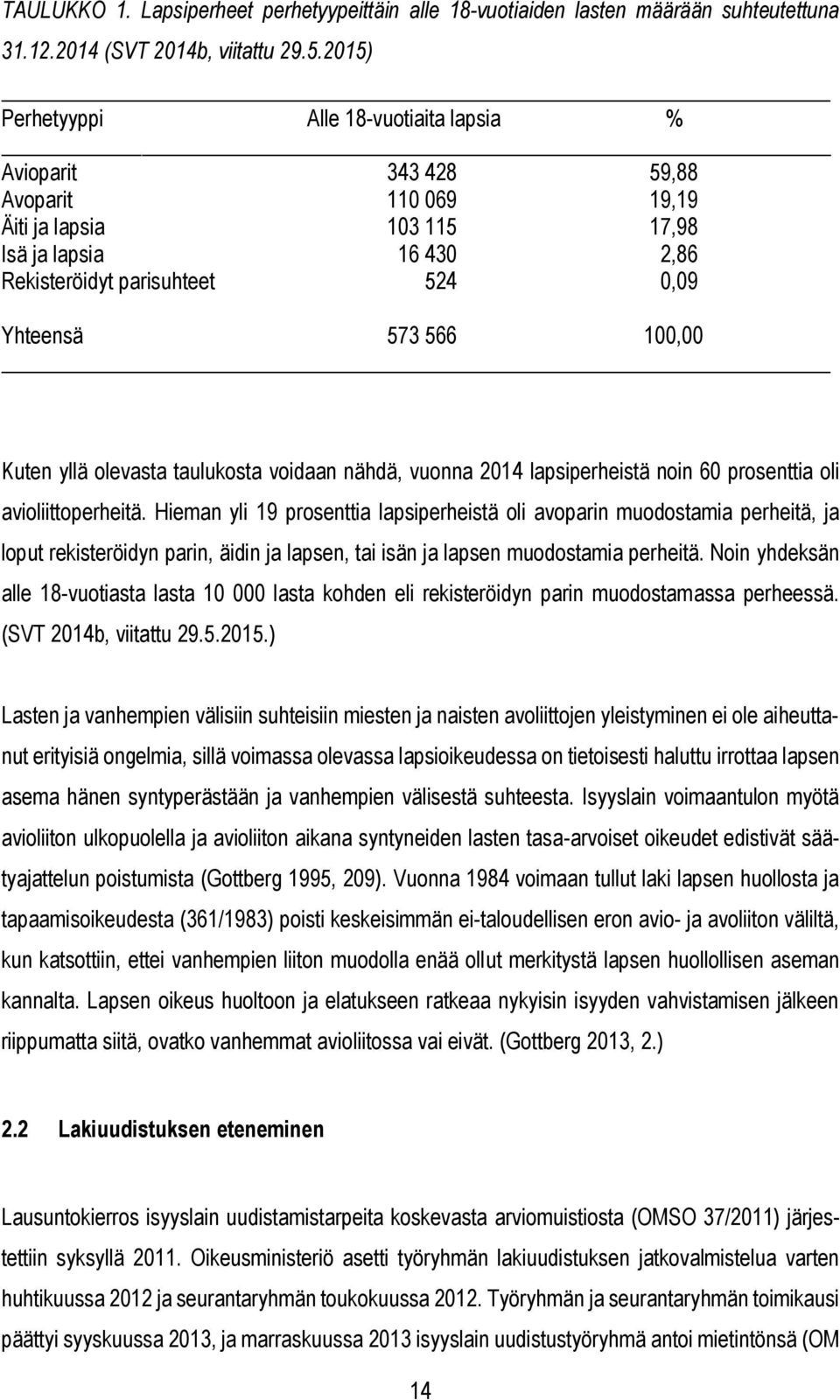 100,00 Kuten yllä olevasta taulukosta voidaan nähdä, vuonna 2014 lapsiperheistä noin 60 prosenttia oli avioliittoperheitä.