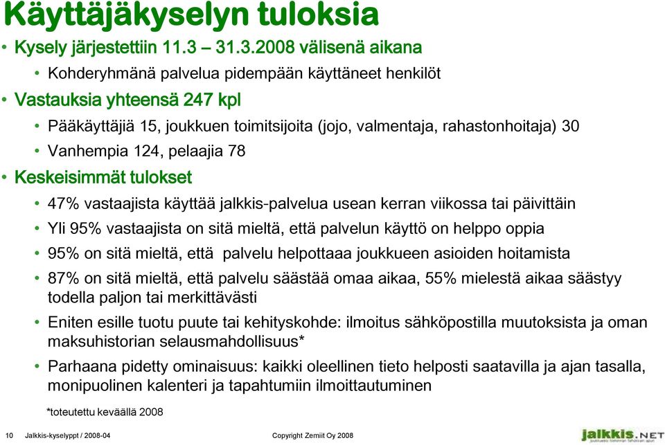 pelaajia 78 Keskeisimmät tulokset 47% vastaajista käyttää jalkkis-palvelua usean kerran viikossa tai päivittäin Yli 95% vastaajista on sitä mieltä, että palvelun käyttö on helppo oppia 95% on sitä