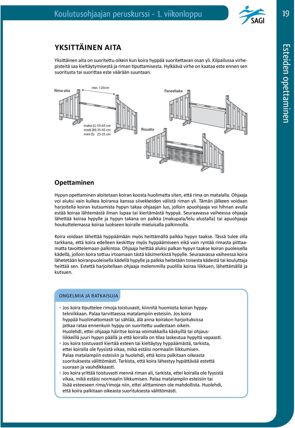 120cm maksi (L) 55-65 cm medi (M) 35-45 cm mini (S) 25-35 cm Risuaita Paneeliaita Esteiden opettaminen Opettaminen Hypyn opettaminen aloitetaan koiran koosta huolimatta siten, että rima on matalalla.