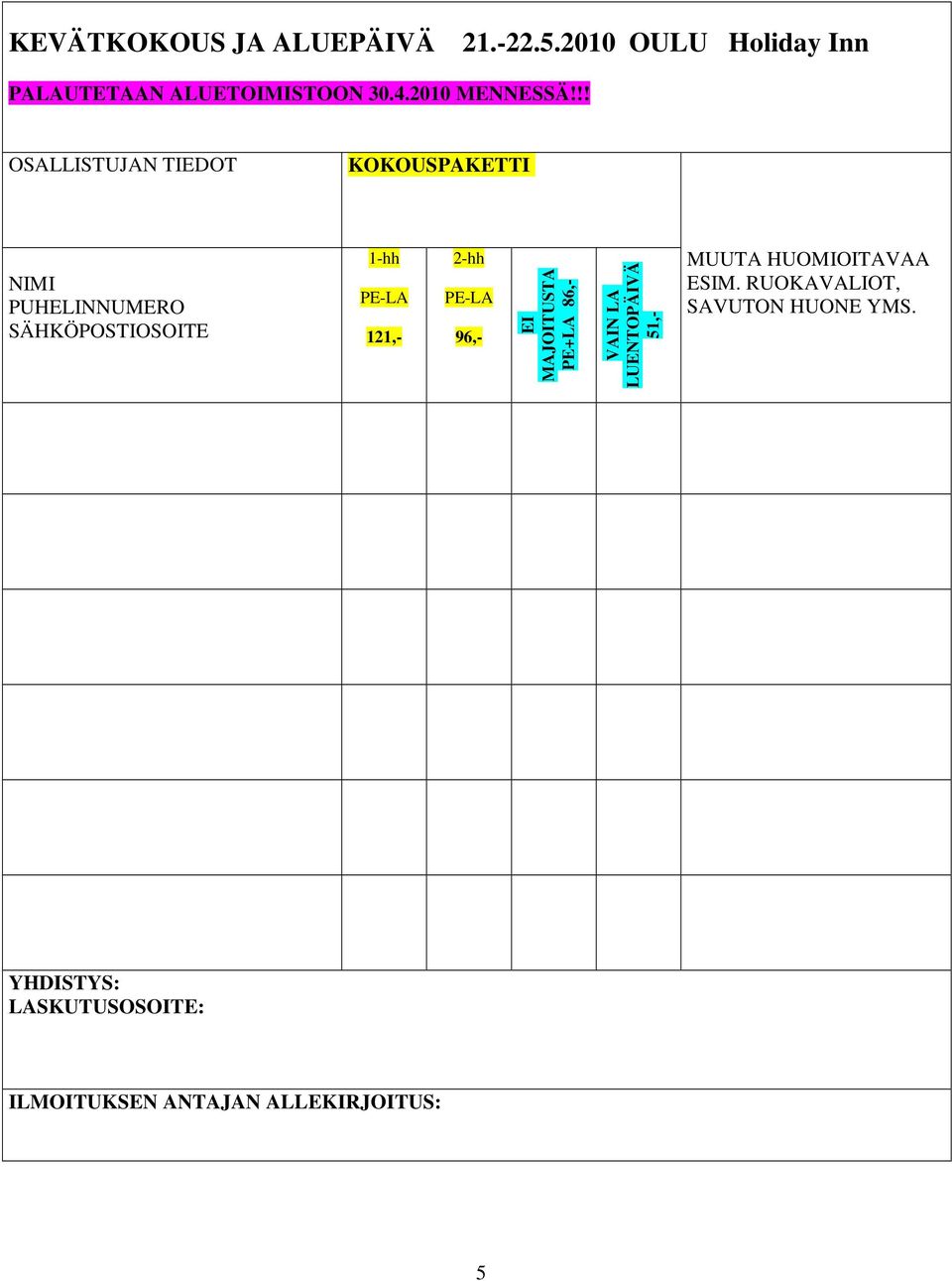 !! OSALLISTUJAN TIEDOT KOKOUSPAKETTI NIMI PUHELINNUMERO SÄHKÖPOSTIOSOITE 1-hh PE-LA 121,- 2-hh