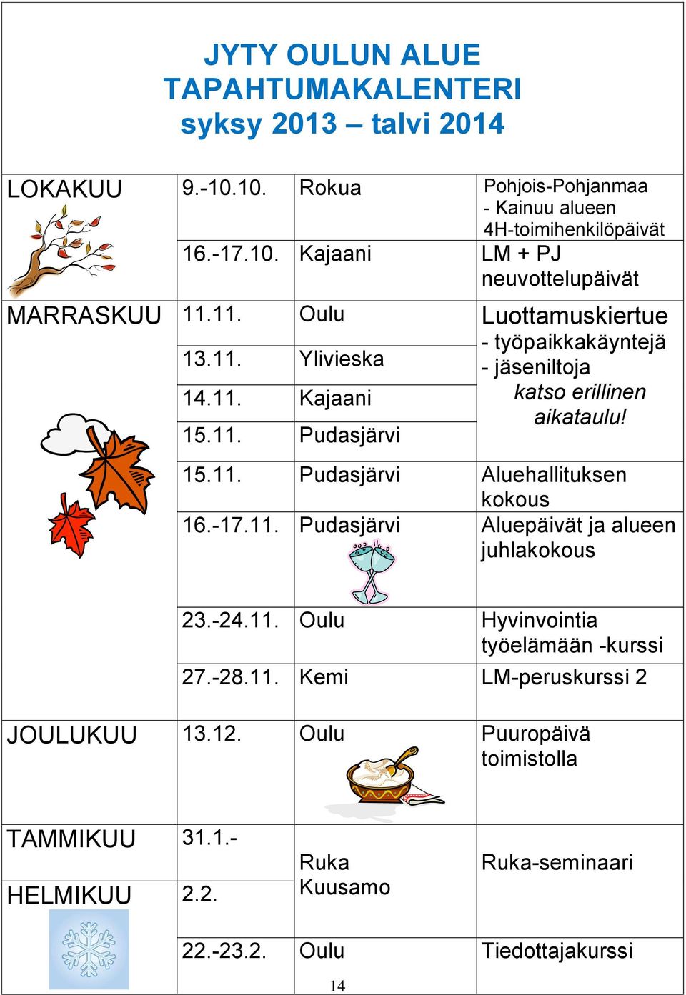 -17.11. Pudasjärvi Aluepäivät ja alueen juhlakokous 23.-24.11. Oulu Hyvinvointia työelämään -kurssi 27.-28.11. Kemi LM-peruskurssi 2 JOULUKUU 13.12.