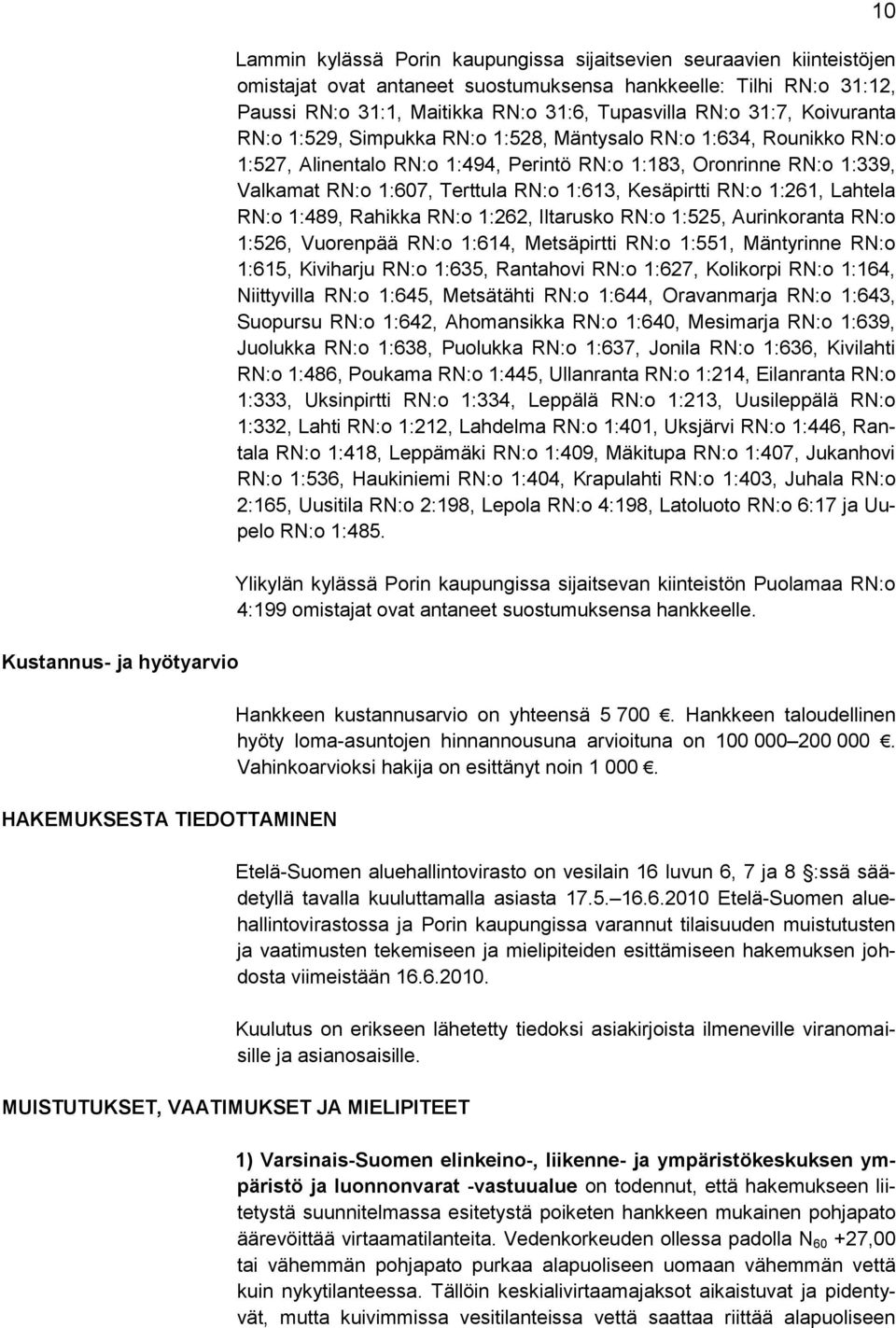 1:339, Valkamat RN:o 1:607, Terttula RN:o 1:613, Kesäpirtti RN:o 1:261, Lahtela RN:o 1:489, Rahikka RN:o 1:262, Iltarusko RN:o 1:525, Aurinkoranta RN:o 1:526, Vuorenpää RN:o 1:614, Metsäpirtti RN:o