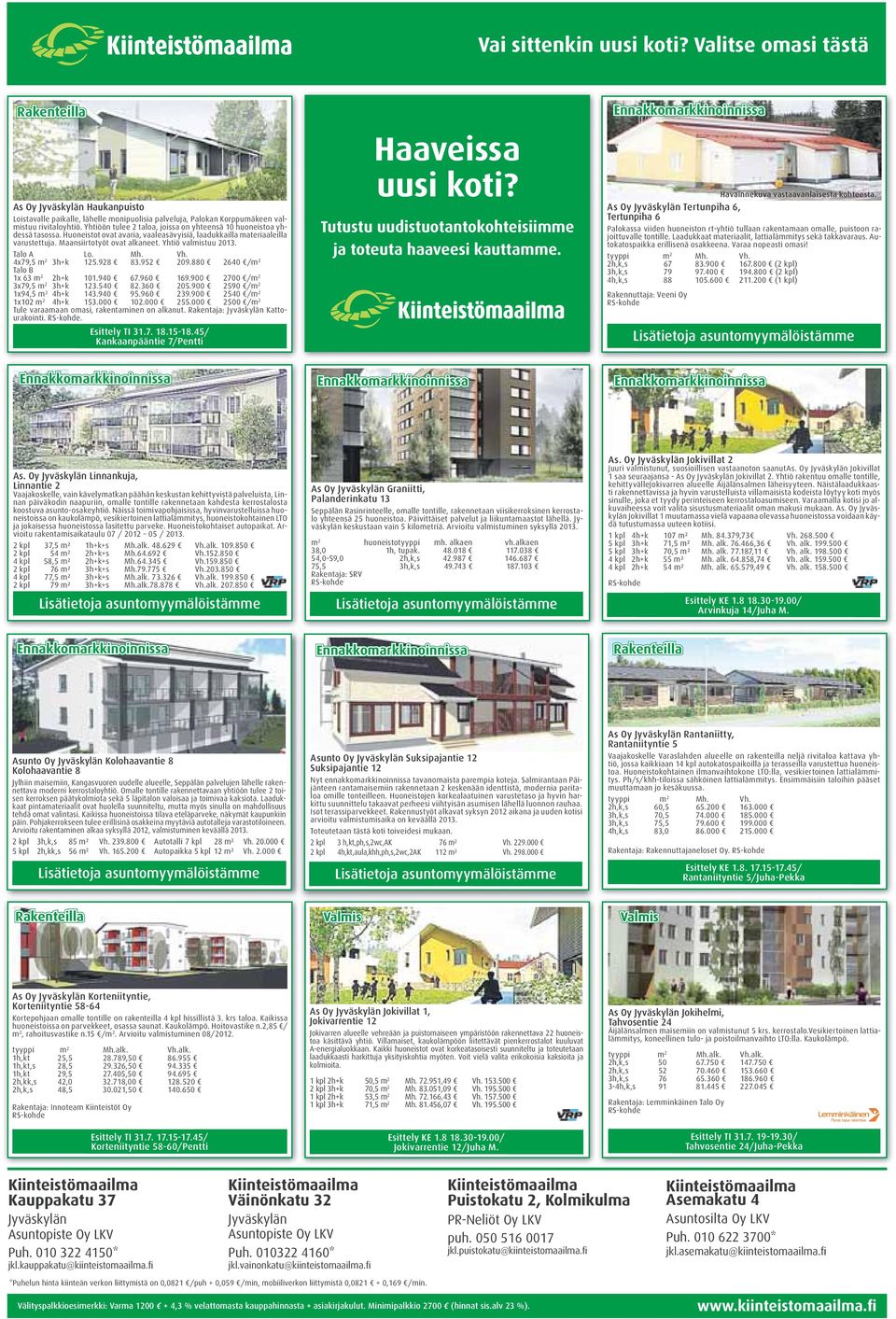 Yhtiö valmistuu 2013. Talo A Lo. Mh. Vh. 4x79,5 m 2 3h+k 125.928 83.952 209.880 2640 /m 2 Talo B 1x 63 m 2 2h+k 101.940 67.960 169.900 2700 /m 2 3x79,5 m 2 3h+k 123.540 82.360 205.