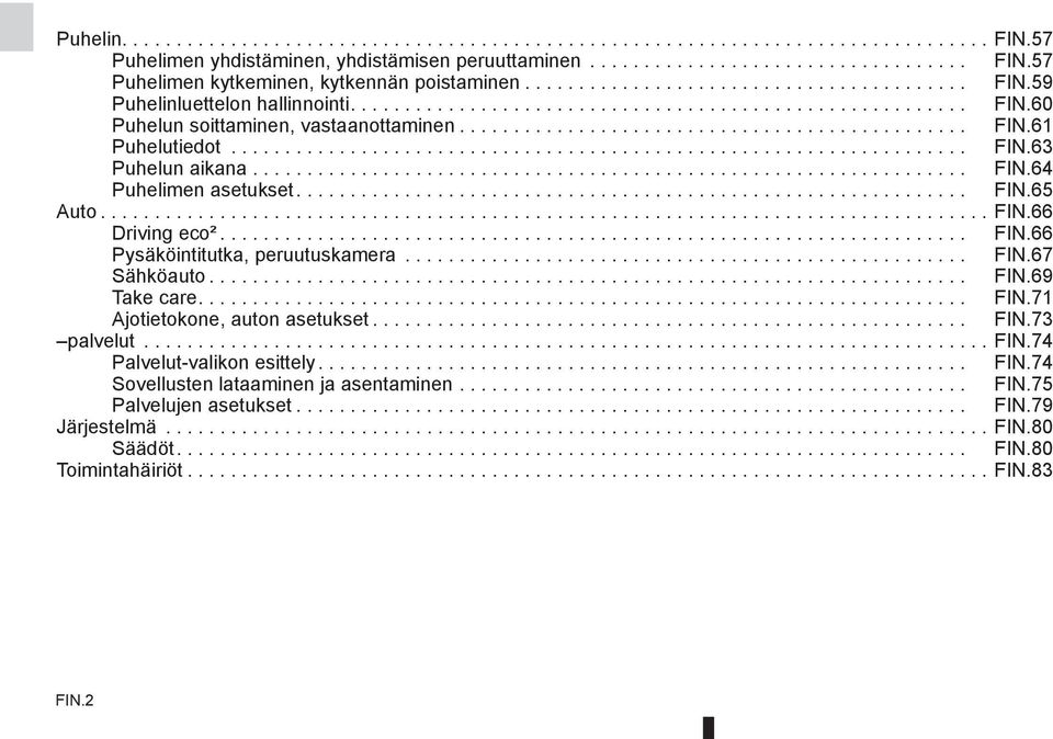 ................................................................... FIN.63 Puhelun aikana.................................................................. FIN.64 Puhelimen asetukset.............................................................. FIN.65 Auto.