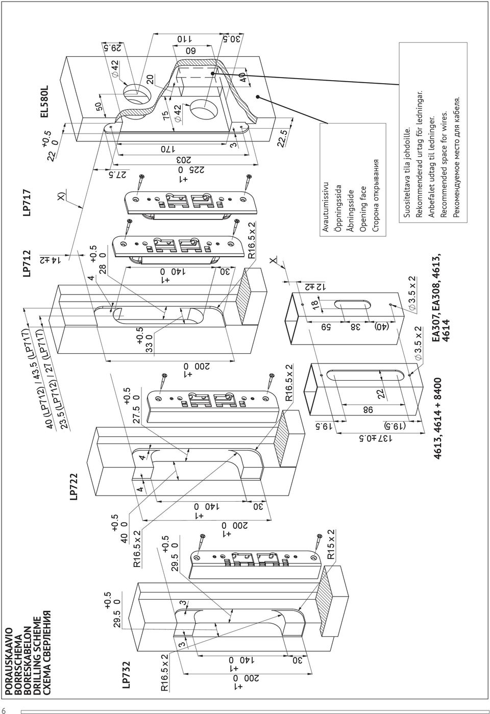 Rekommenderad urtag för ledningar. Anbefalet udtag til ledninger. Recommended space for wires. Рекомендуемое место для кабеля.