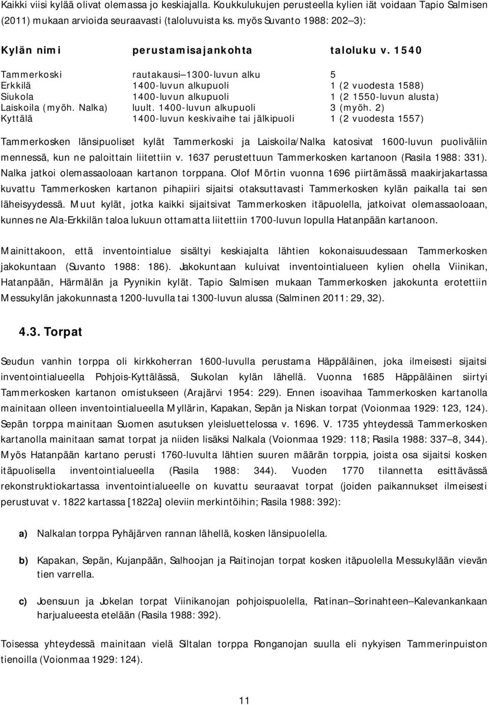 1540 Tammerkoski rautakausi 1300-luvun alku 5 Erkkilä 1400-luvun alkupuoli 1 (2 vuodesta 1588) Siukola 1400-luvun alkupuoli 1 (2 1550-luvun alusta) Laiskoila (myöh. Nalka) luult.