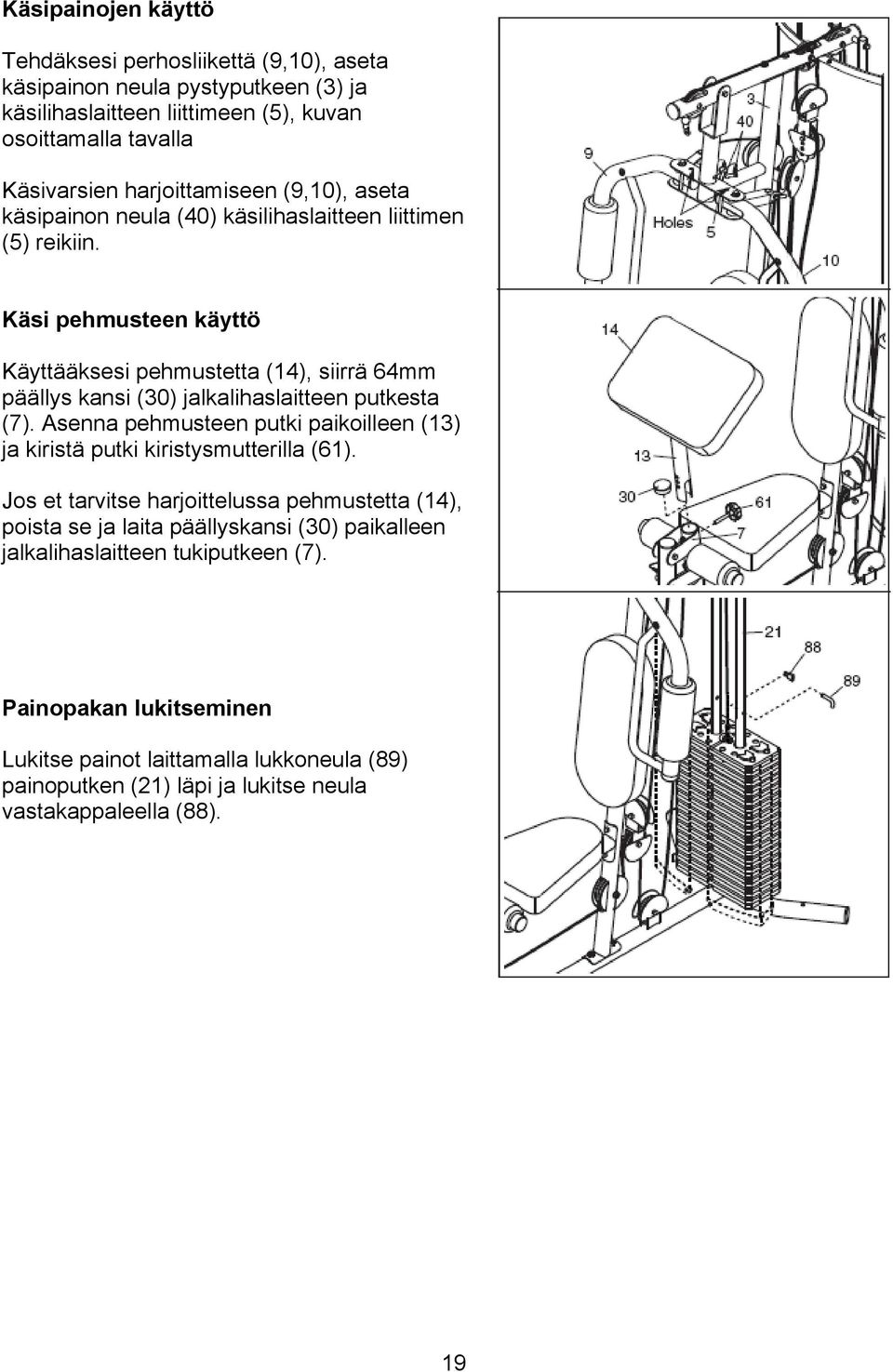 Käsi pehmusteen käyttö Käyttääksesi pehmustetta (14), siirrä 64mm päällys kansi (30) jalkalihaslaitteen putkesta (7).