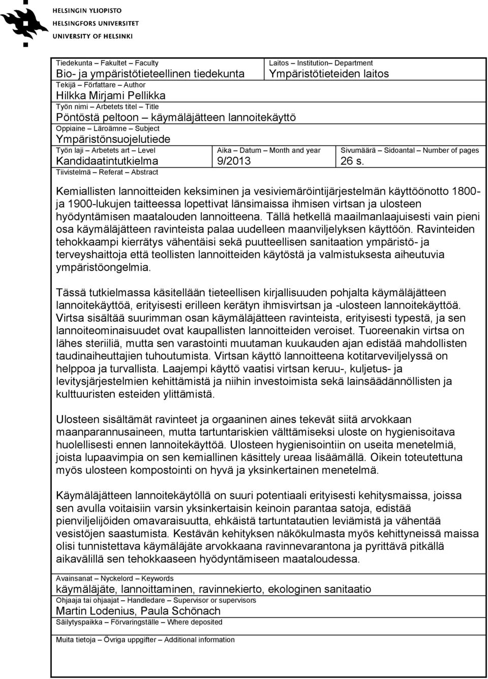 Month and year 9/2013 Sivumäärä Sidoantal Number of pages 26 s.