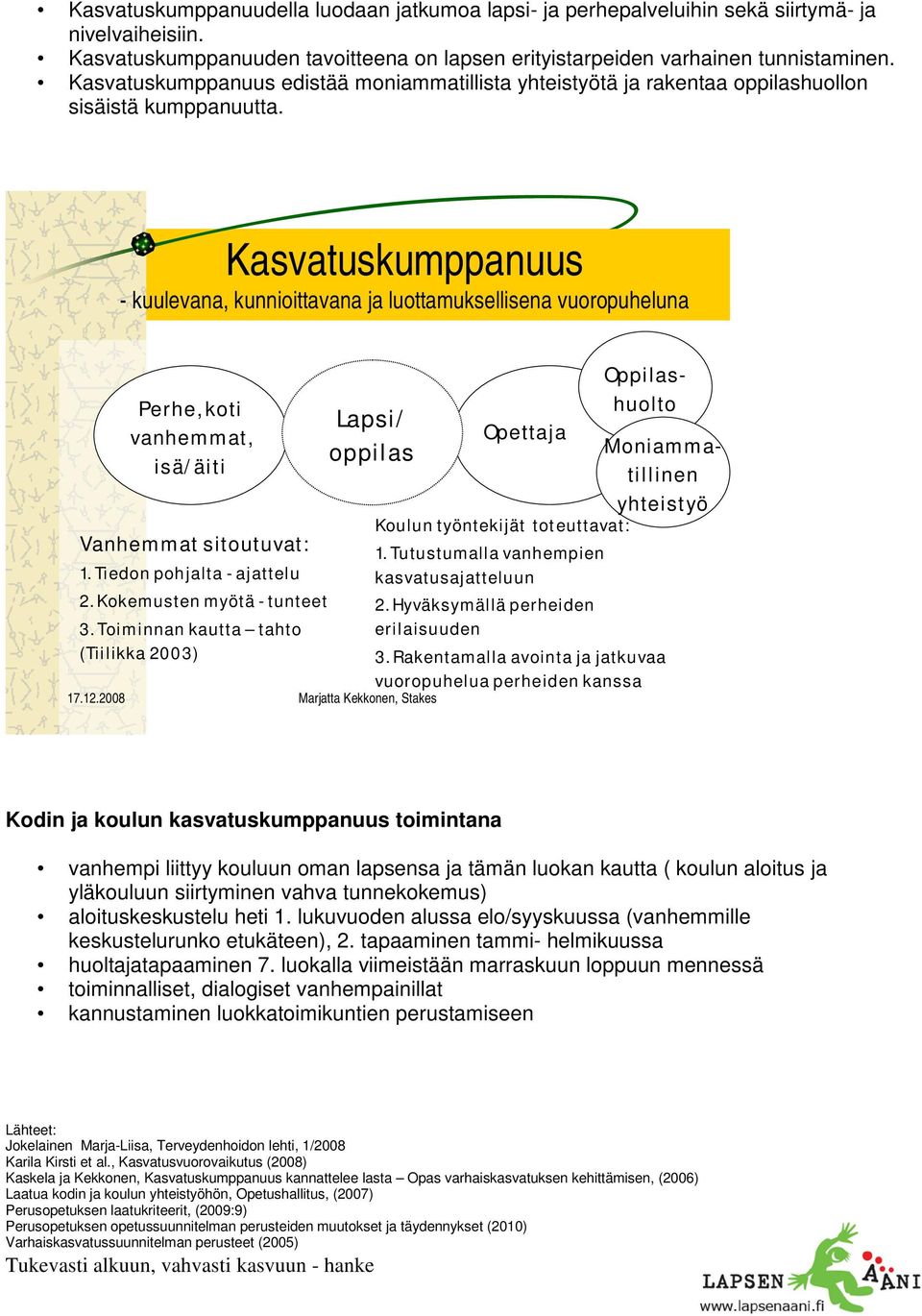 Kasvatuskumppanuus - kuulevana, kunnioittavana ja luottamuksellisena vuoropuheluna Perhe, koti vanhemmat, isä/äiti Vanhemmat sitoutuvat: 1. Tiedon pohjalta - ajattelu 2. Kokemusten myötä - tunteet 3.