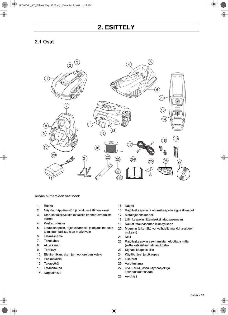 Latauskaapelin, rajoituskaapelin ja ohjauskaapelin toiminnan tarkistuksen merkkivalo 6. Latausasema 7. Takakahva 8. Akun kansi 9. Terälevy 10. Elektroniikan, akun ja moottoreiden kotelo 11.