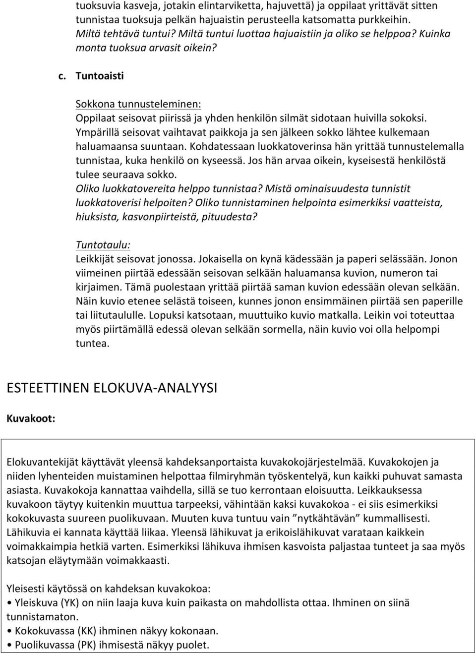 Tuntoaisti Sokkona tunnusteleminen: Oppilaat seisovat piirissä ja yhden henkilön silmät sidotaan huivilla sokoksi.