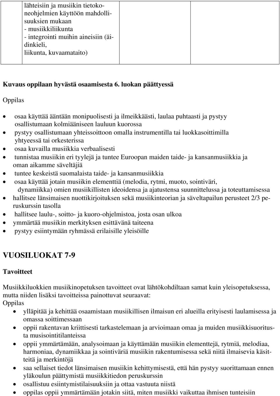 instrumentilla tai luokkasoittimilla yhtyeessä tai orkesterissa osaa kuvailla musiikkia verbaalisesti tunnistaa musiikin eri tyylejä ja tuntee Euroopan maiden taide- ja kansanmusiikkia ja oman