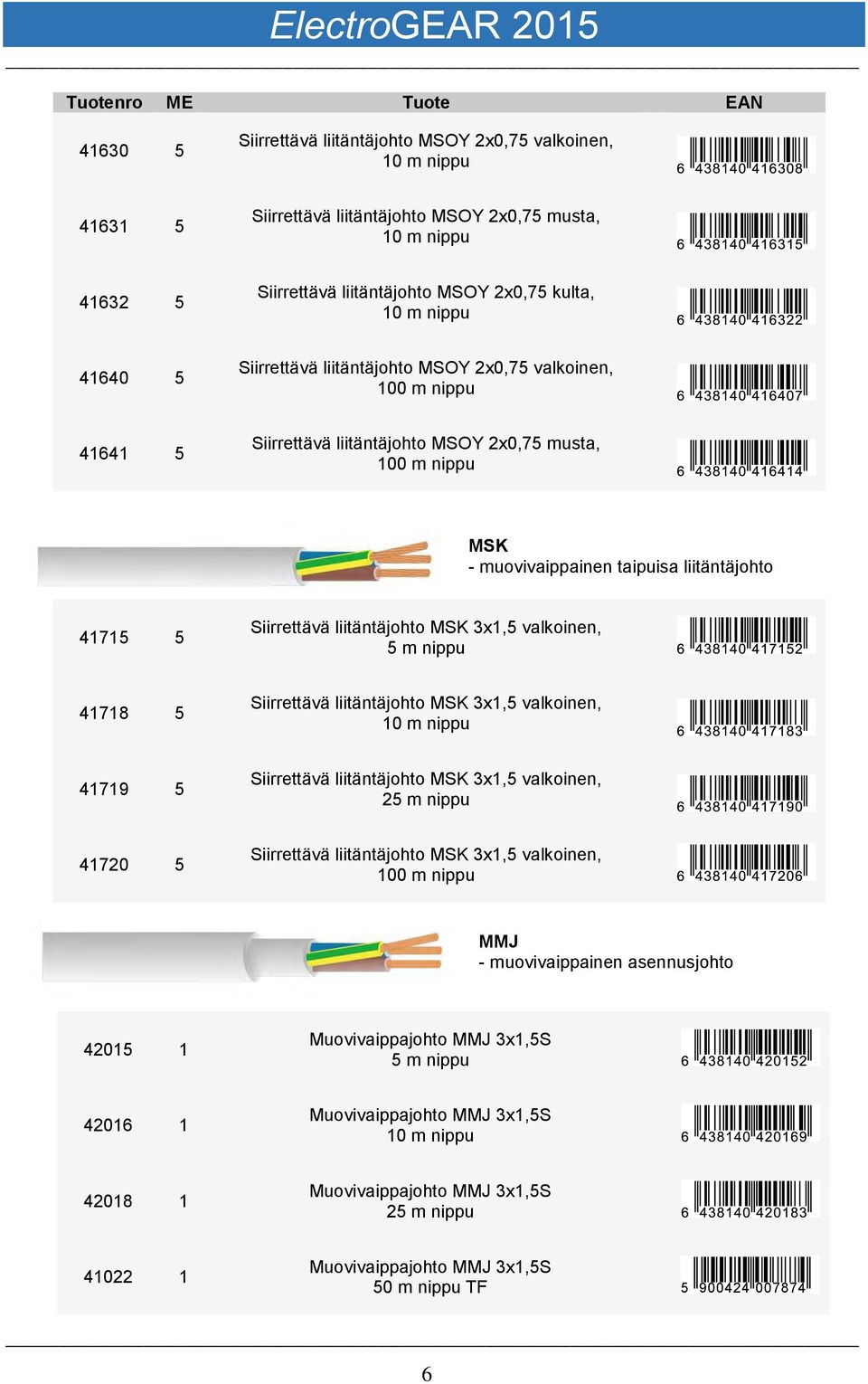 liitäntäjohto MSK 3x1,5 valkoinen, 5 m nippu 41718 5 Siirrettävä liitäntäjohto MSK 3x1,5 valkoinen, 10 m nippu 41719 5 Siirrettävä liitäntäjohto MSK 3x1,5 valkoinen, 25 m nippu 41720 5 Siirrettävä