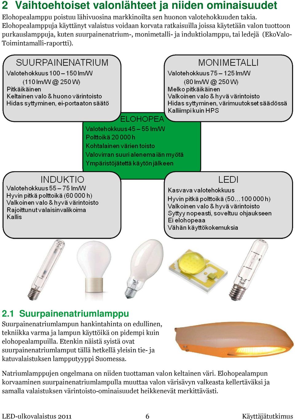 Toimintamalli-raportti). 2.1 Suurpainenatriumlamppu Suurpainenatriumlampun hankintahinta on edullinen, tekniikka varma ja lampun käyttöikä on pidempi kuin elohopealampuilla.