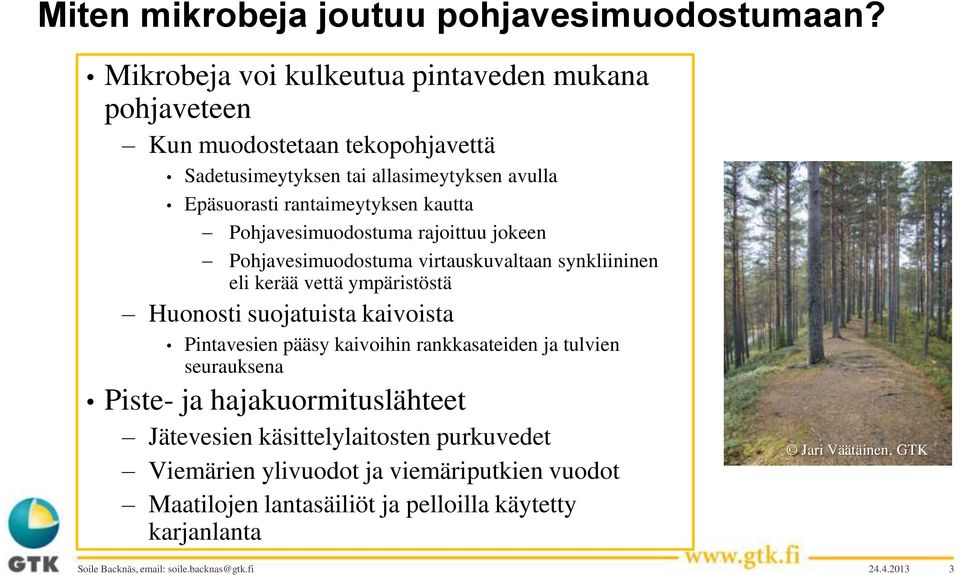 Pohjavesimuodostuma rajoittuu jokeen Pohjavesimuodostuma virtauskuvaltaan synkliininen eli kerää vettä ympäristöstä Huonosti suojatuista kaivoista Pintavesien pääsy