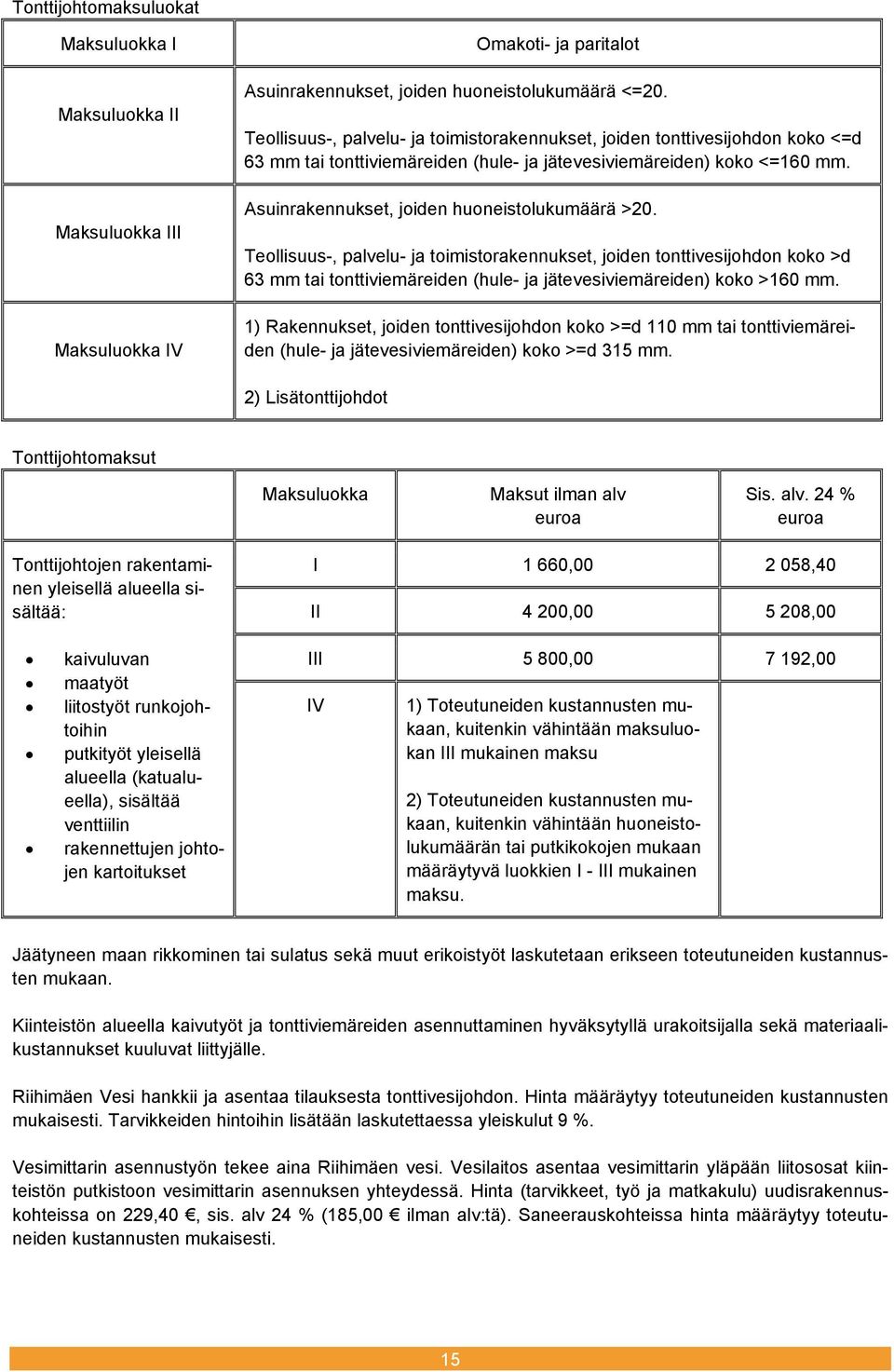 Asuinrakennukset, joiden huoneistolukumäärä >20. Teollisuus-, palvelu- ja toimistorakennukset, joiden tonttivesijohdon koko >d 63 mm tai tonttiviemäreiden (hule- ja jätevesiviemäreiden) koko >160 mm.