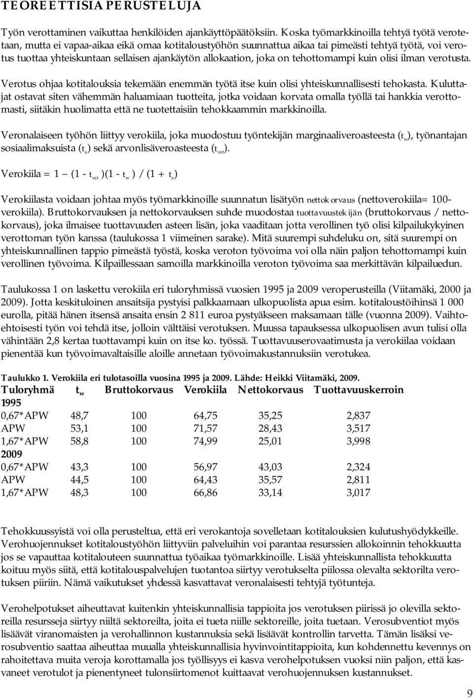 allokaation, joka on tehottomampi kuin olisi ilman verotusta. Verotus ohjaa kotitalouksia tekemään enemmän työtä itse kuin olisi yhteiskunnallisesti tehokasta.