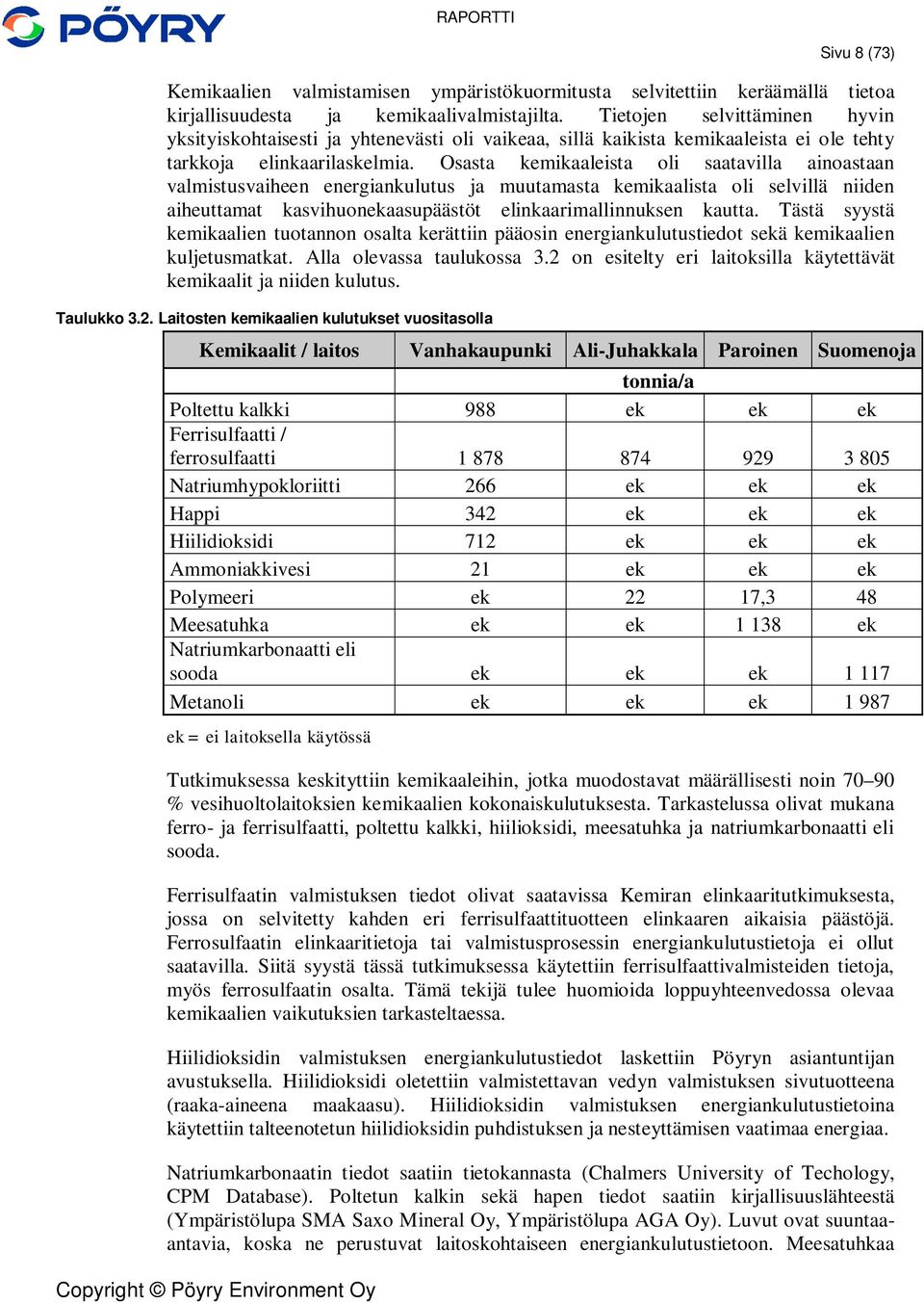 Osasta kemikaaleista oli saatavilla ainoastaan valmistusvaiheen energiankulutus ja muutamasta kemikaalista oli selvillä niiden aiheuttamat kasvihuonekaasupäästöt elinkaarimallinnuksen kautta.