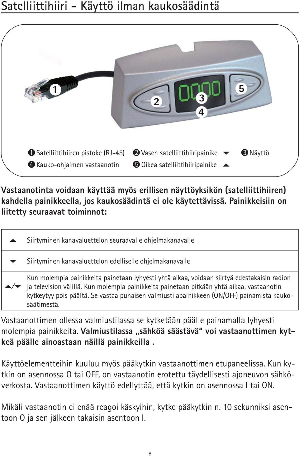 Painikkeisiin on liitetty seuraavat toiminnot: Siirtyminen kanavaluettelon seuraavalle ohjelmakanavalle Siirtyminen kanavaluettelon edelliselle ohjelmakanavalle Kun molempia painikkeita painetaan