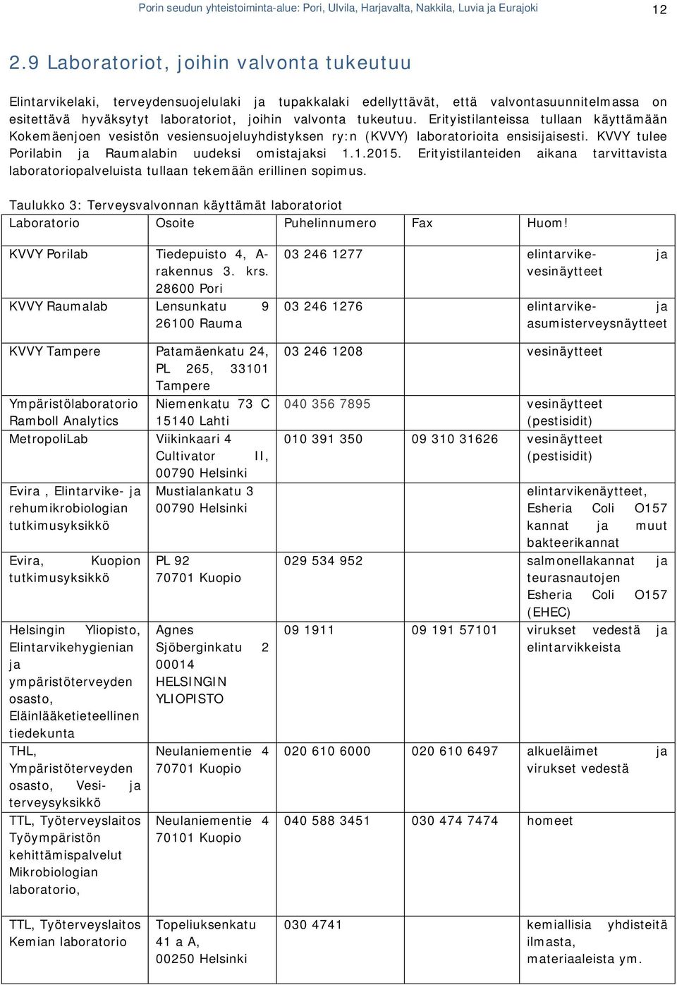 Erityistilanteissa tullaan käyttämään Kokemäenjoen vesistön vesiensuojeluyhdistyksen ry:n (KVVY) laboratorioita ensisijaisesti. KVVY tulee Porilabin ja Raumalabin uudeksi omistajaksi 1.1.2015.