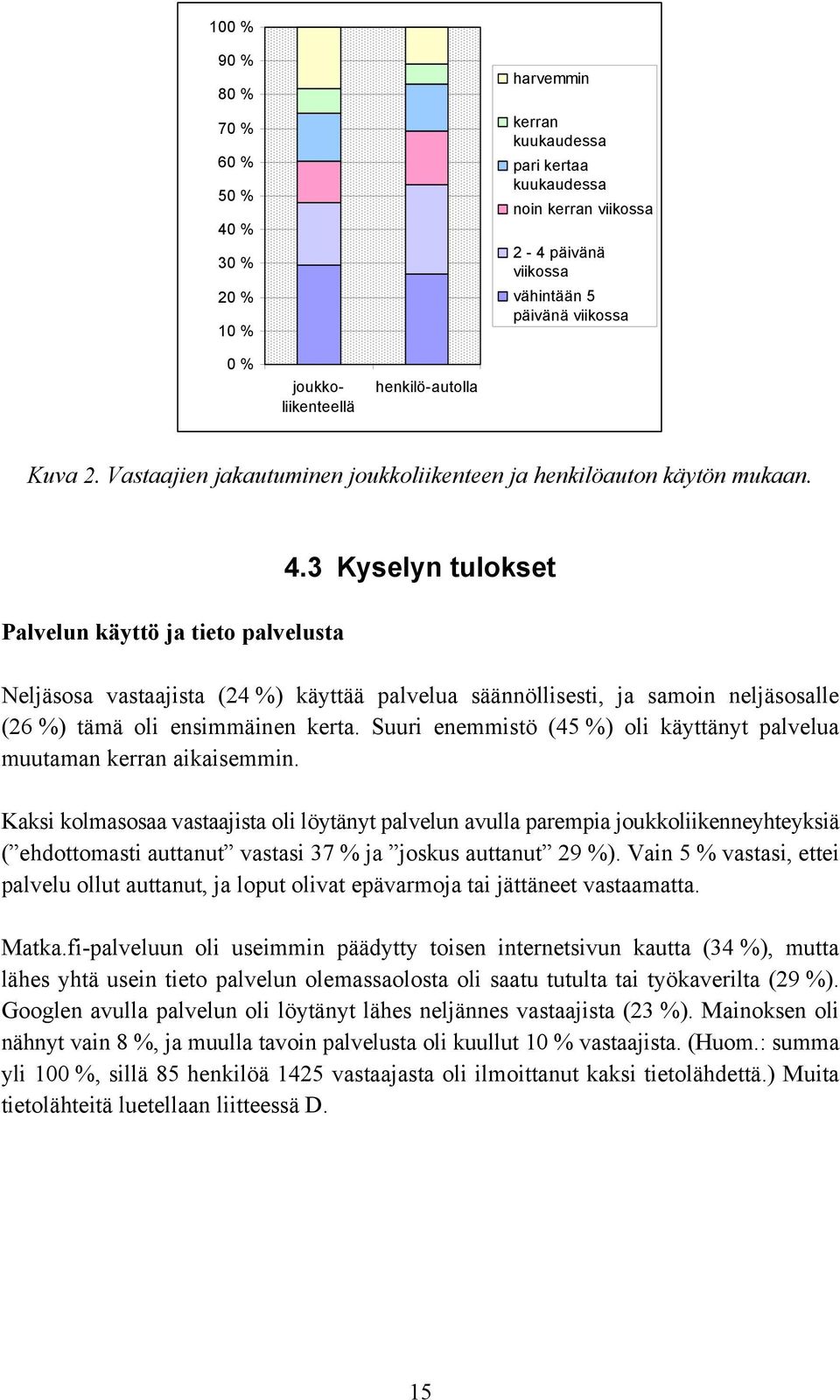 3 Kyselyn tulokset Palvelun käyttö ja tieto palvelusta Neljäsosa vastaajista (24 %) käyttää palvelua säännöllisesti, ja samoin neljäsosalle (26 %) tämä oli ensimmäinen kerta.