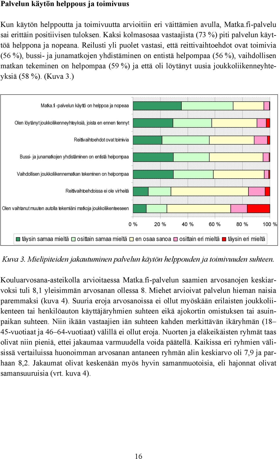 Reilusti yli puolet vastasi, että reittivaihtoehdot ovat toimivia (56 %), bussi- ja junamatkojen yhdistäminen on entistä helpompaa (56 %), vaihdollisen matkan tekeminen on helpompaa (59 %) ja että