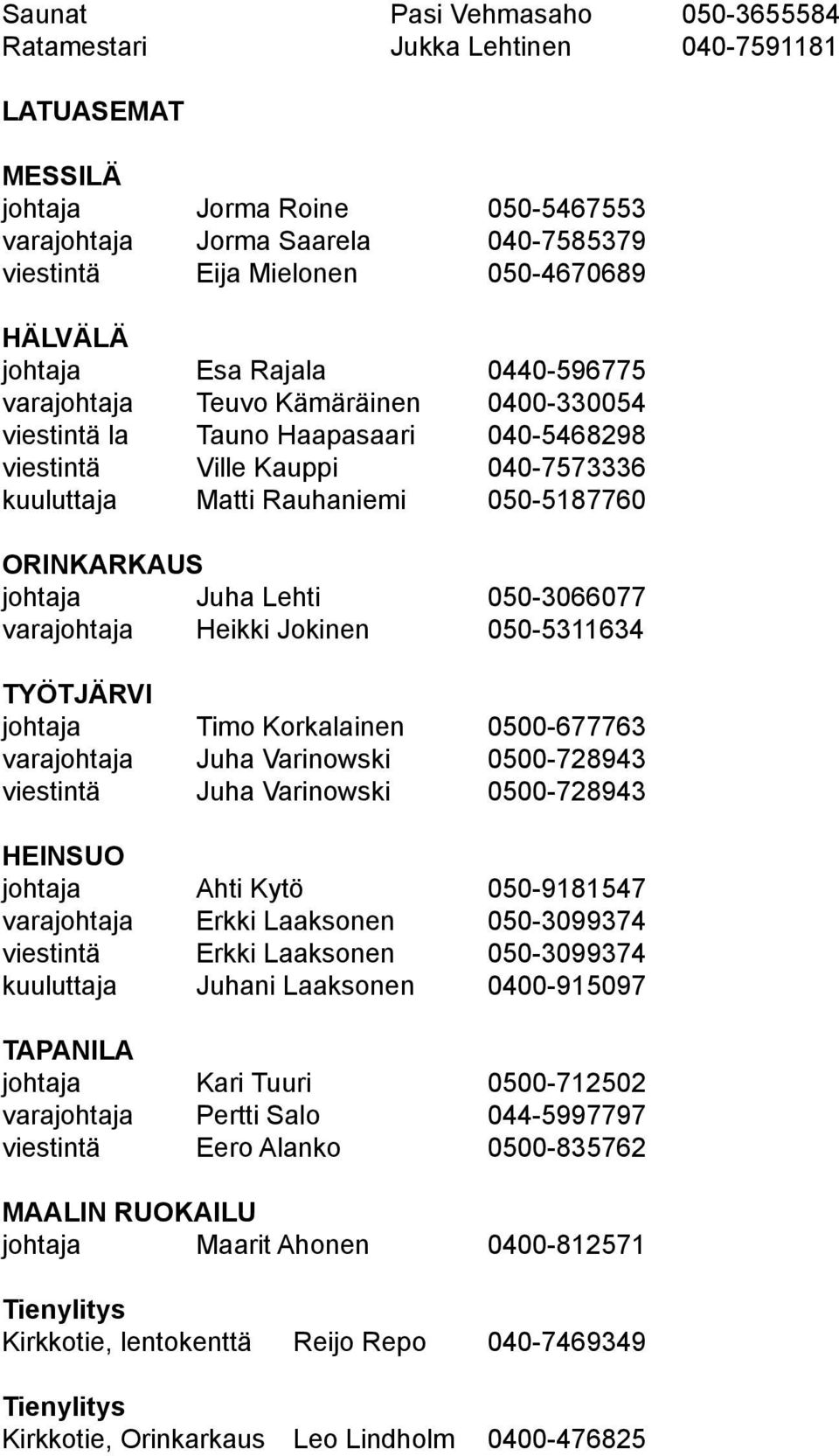 ORINKARKAUS johtaja Juha Lehti 050-3066077 varajohtaja Heikki Jokinen 050-5311634 TYÖTJÄRVI johtaja Timo Korkalainen 0500-677763 varajohtaja Juha Varinowski 0500-728943 viestintä Juha Varinowski