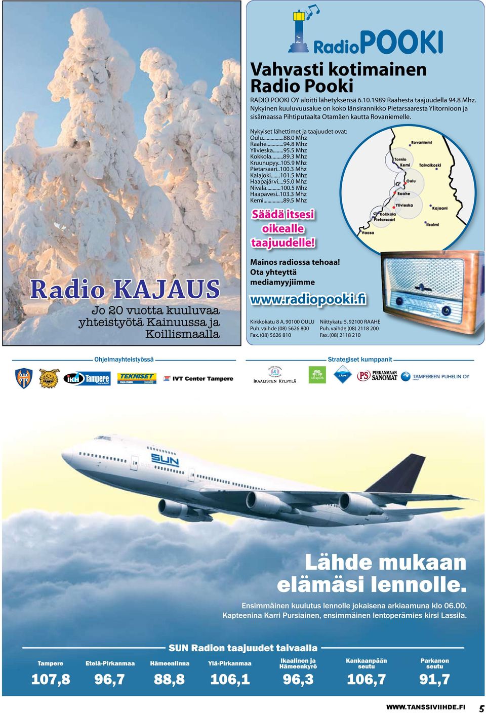 8 Mhz Ylivieska...95.5 Mhz Kokkola...89.3 Mhz Kruunupyy..105.9 Mhz Pietarsaari..100.3 Mhz Kalajoki...101.5 Mhz Haapajärvi...95.0 Mhz Nivala...100.5 Mhz Haapavesi..103.3 Mhz Kemi...89.5 Mhz Säädä itsesi oikealle taajuudelle!