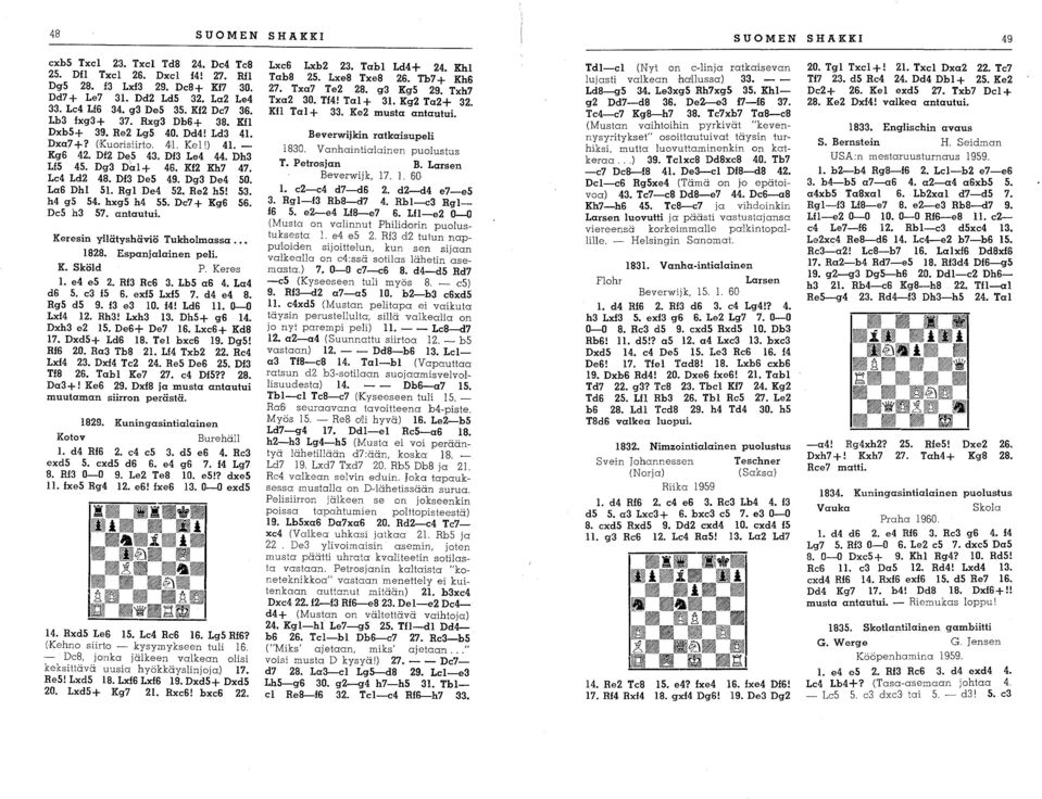 Df3 DeS 49. Dg3 De4 50. La6 Dhl 51. Rgl De4 52. Re2 h5! 53. h4 g5 54. hxg5 h4 55. Dc7 + Kg6 56. DeS h3 57. antautui. Keresin yllätyshäviö Tukholmassa... IB2B. Espanjalainen peli. K. Sköld P. Keres 1.
