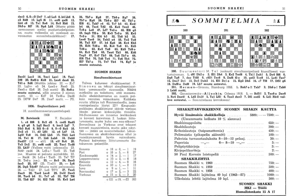 Tdl + Rd6 (Mattiin johtaa 22. - Kc7 23. Lg3'+ es 24. LxeS+ RxeS 2S. DxeS+ Kb6 26. DaS matti) 23. Re8+ musta antautui, sillä seuraa 3 siirron matti, 23. - Kd7 24. Txd6+ Dxd6 25. Df7W De7 26.